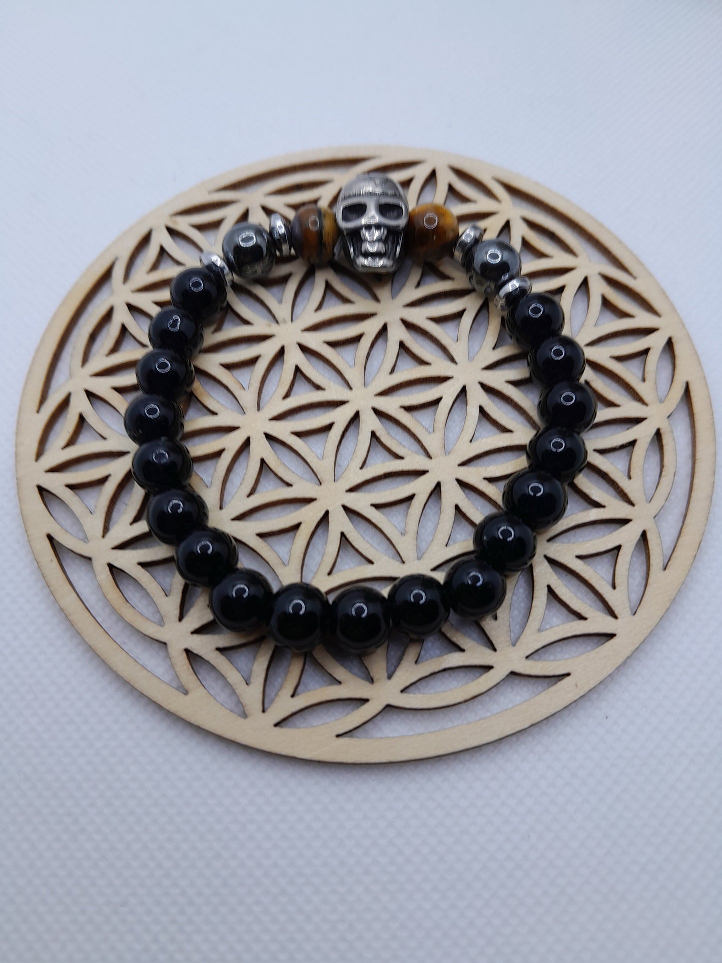 Bracelet enPierre Naturelle - Oeil de Tigre / Hématite / Onyx - Tête de Mort