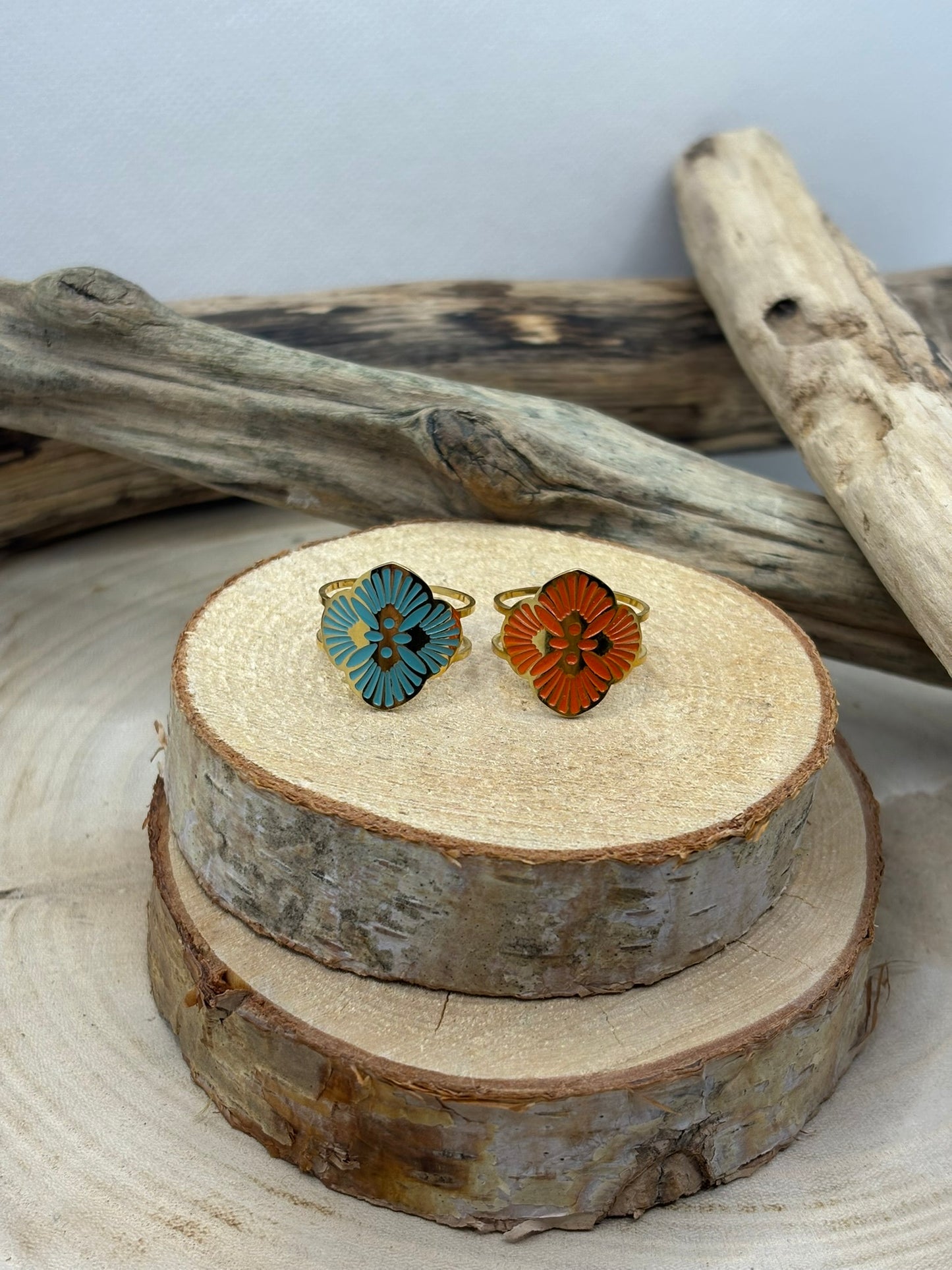 Bague fleur Chic élégante réglable de couleur orange ou vert - Acier inoxydable
