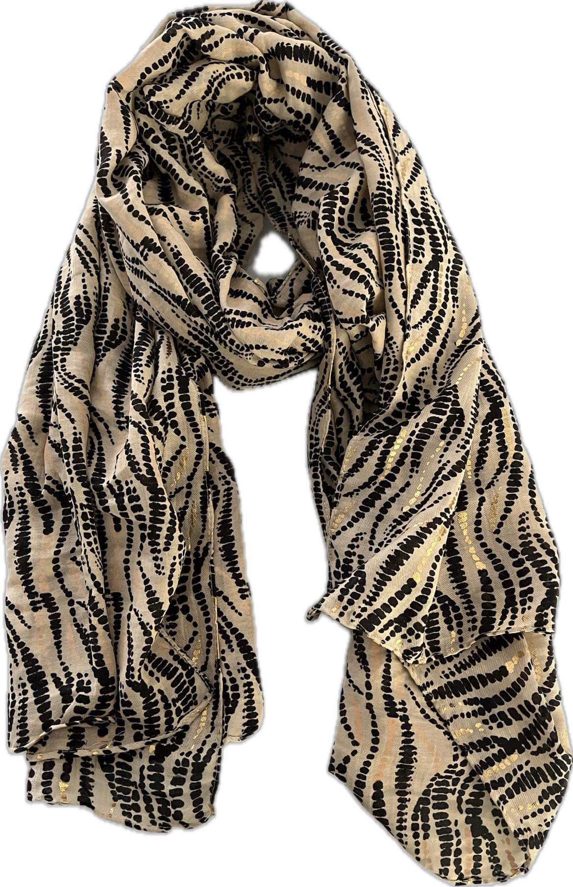 Foulard Chic et Chaleureux Femme aux couleurs Beiges et ses nuances de noire et doré
