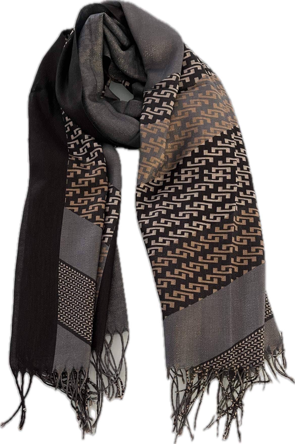 Foulard Femme Chic et doux avec franges - de Couleur gris, noir écru et doré