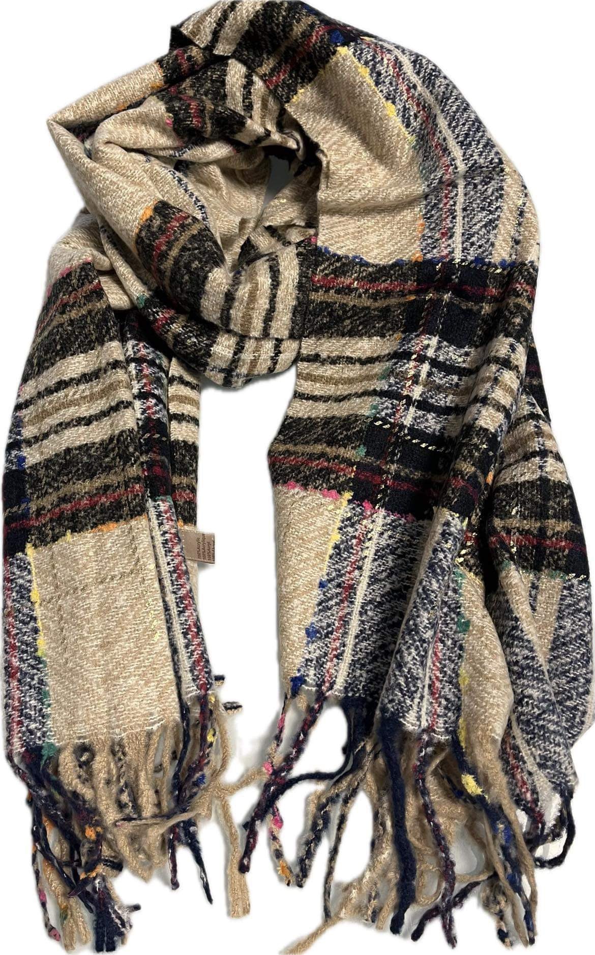 Echarpe Femme à Franges Douce et Chaude de couleur Beige et nuance de bleu