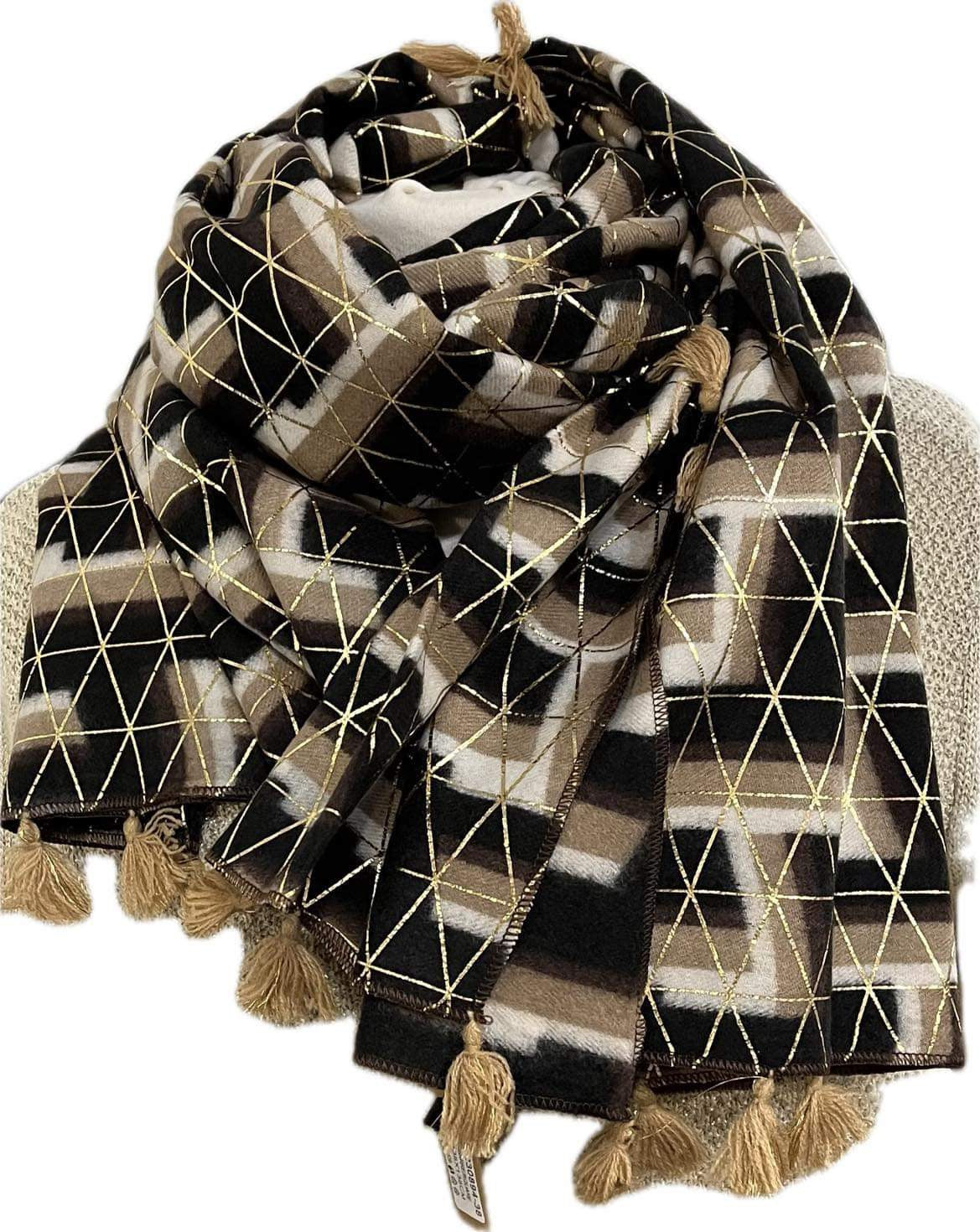 Jolie Echarpe Femme Chaude de couleur Café - Noir et beige et ses motif doré
