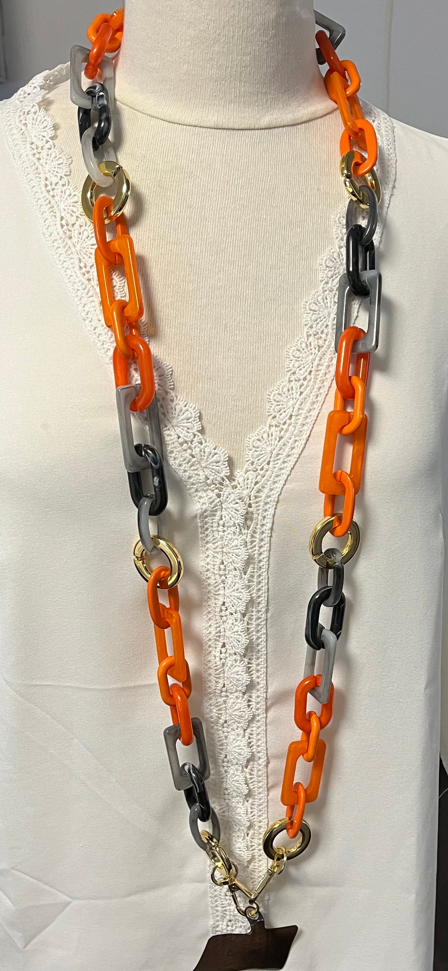 Chaine de Téléphone Portable Orange - Gris et Doré - Bijoux mode Acrylique - Tour de cou Téléphone
