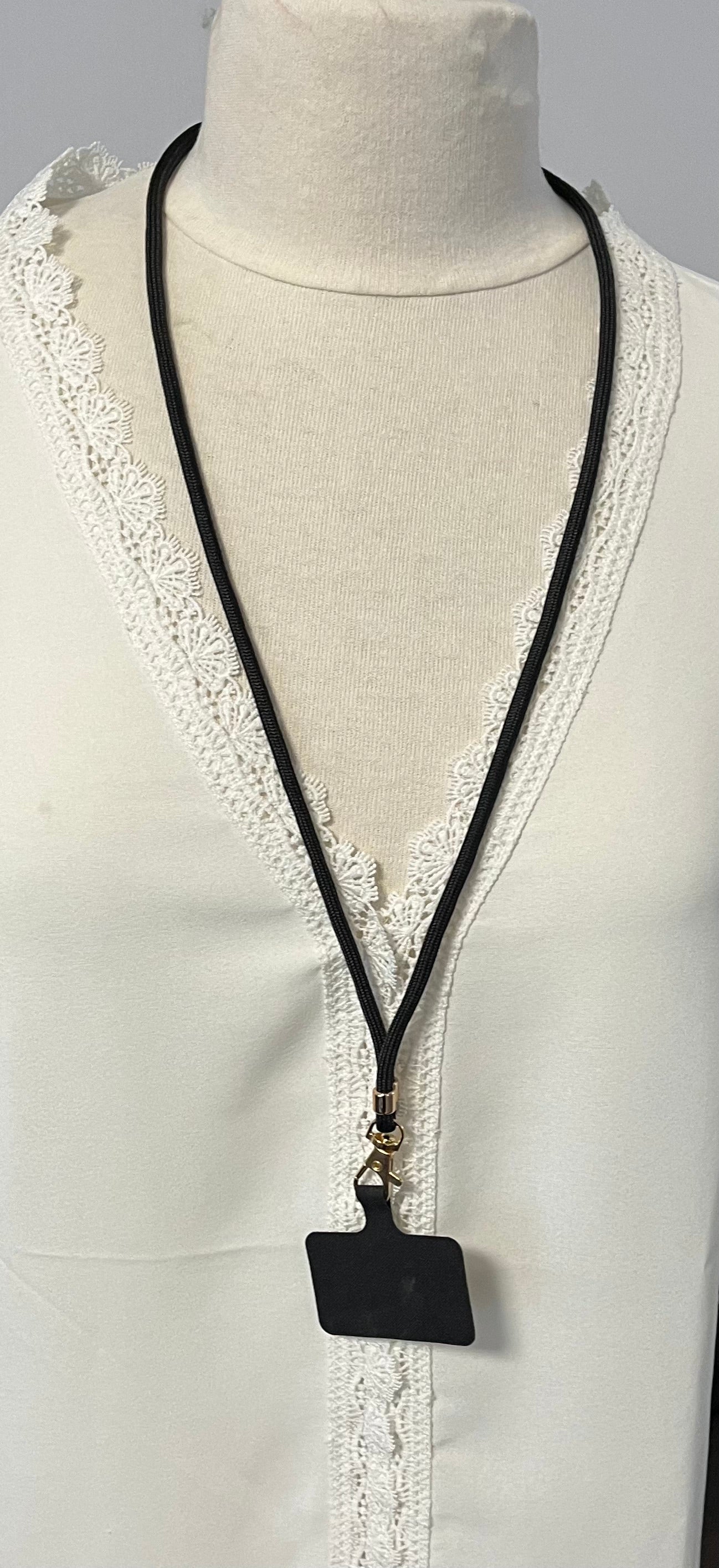 Cordon Téléphone Portable Noir - Réglable avec Patch - Tour de cou