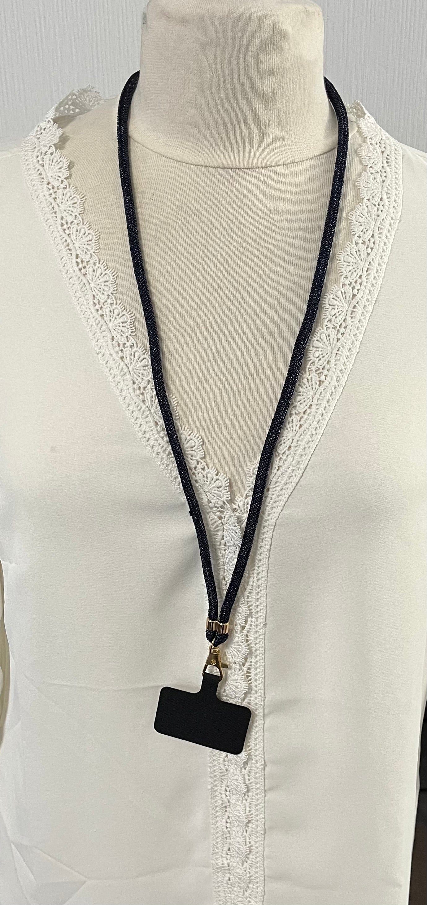 Cordon Téléphone Portable Marine Brillant - Réglable avec Patch - Tour de cou