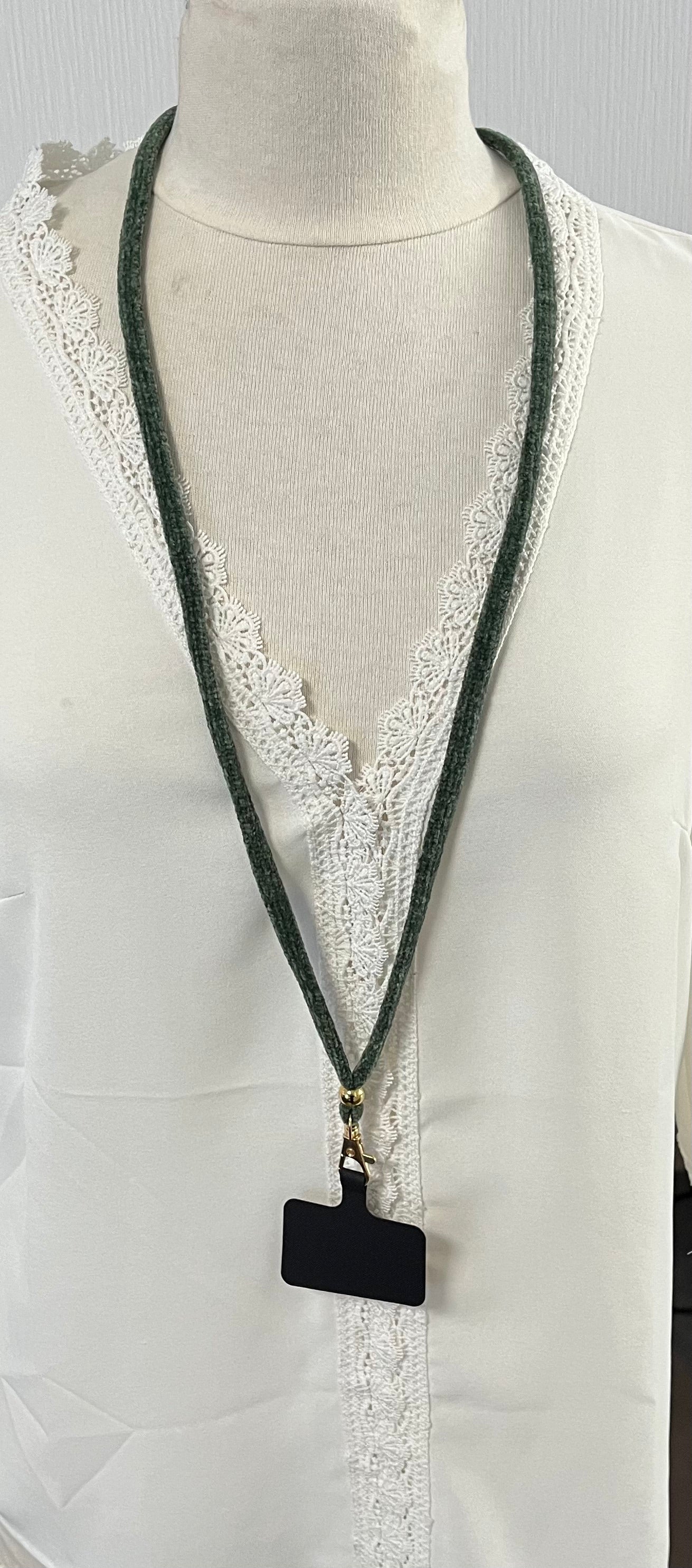 Cordon Téléphone Portable Vert Velours - Réglable avec Patch - Tour de cou