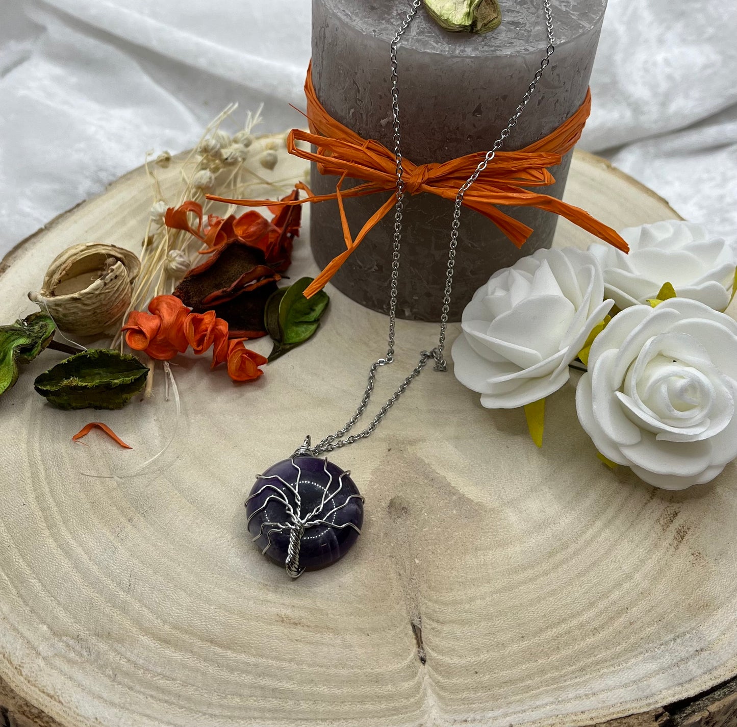 Collier Chaine en Acier Inoxydable Argenté - Pendentif Améthyste orné d'arbre de vie