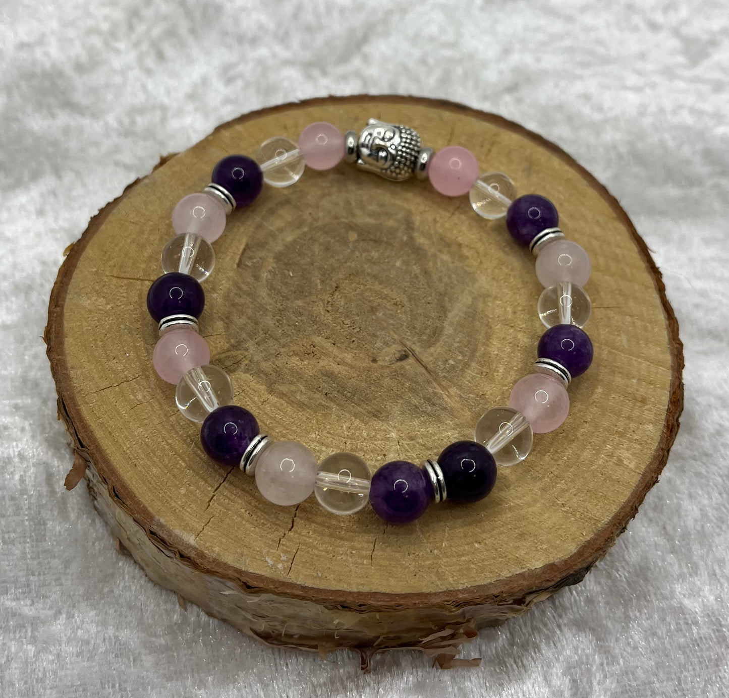 Bracelet Apaisement - Pierres Naturelles - Quartz Rose, Améthyste, Cristal de Roche - Bouddha