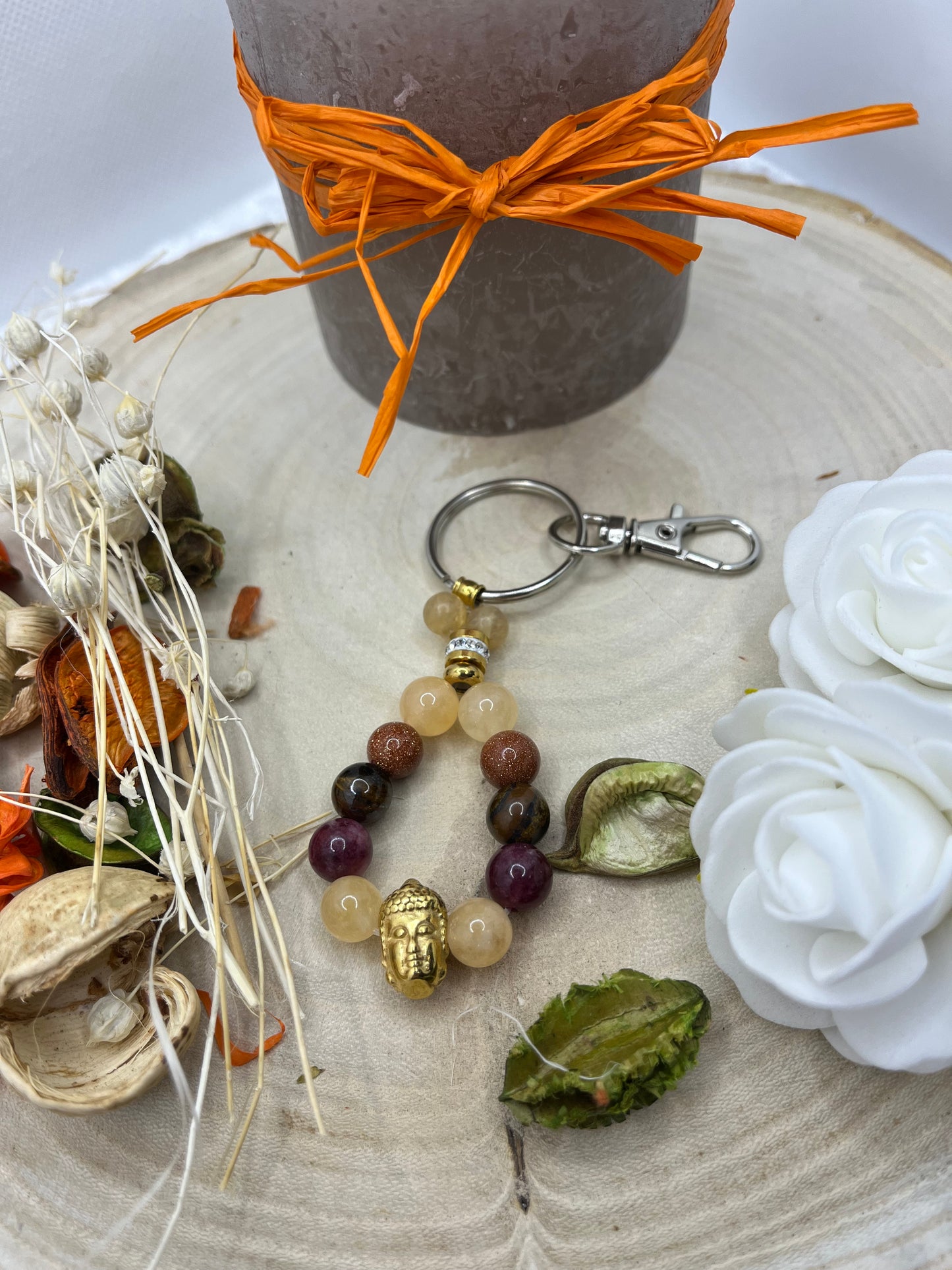 Porte Clé - Citrine, Grenat, Sable du soleil, Oeil de tigre (Fait Main)