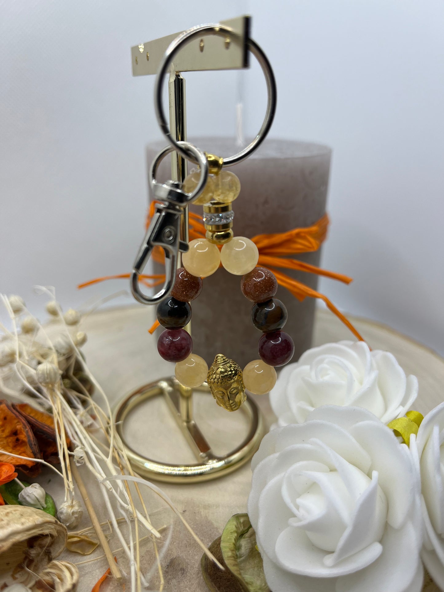 Porte Clé - Citrine, Grenat, Sable du soleil, Oeil de tigre (Fait Main)