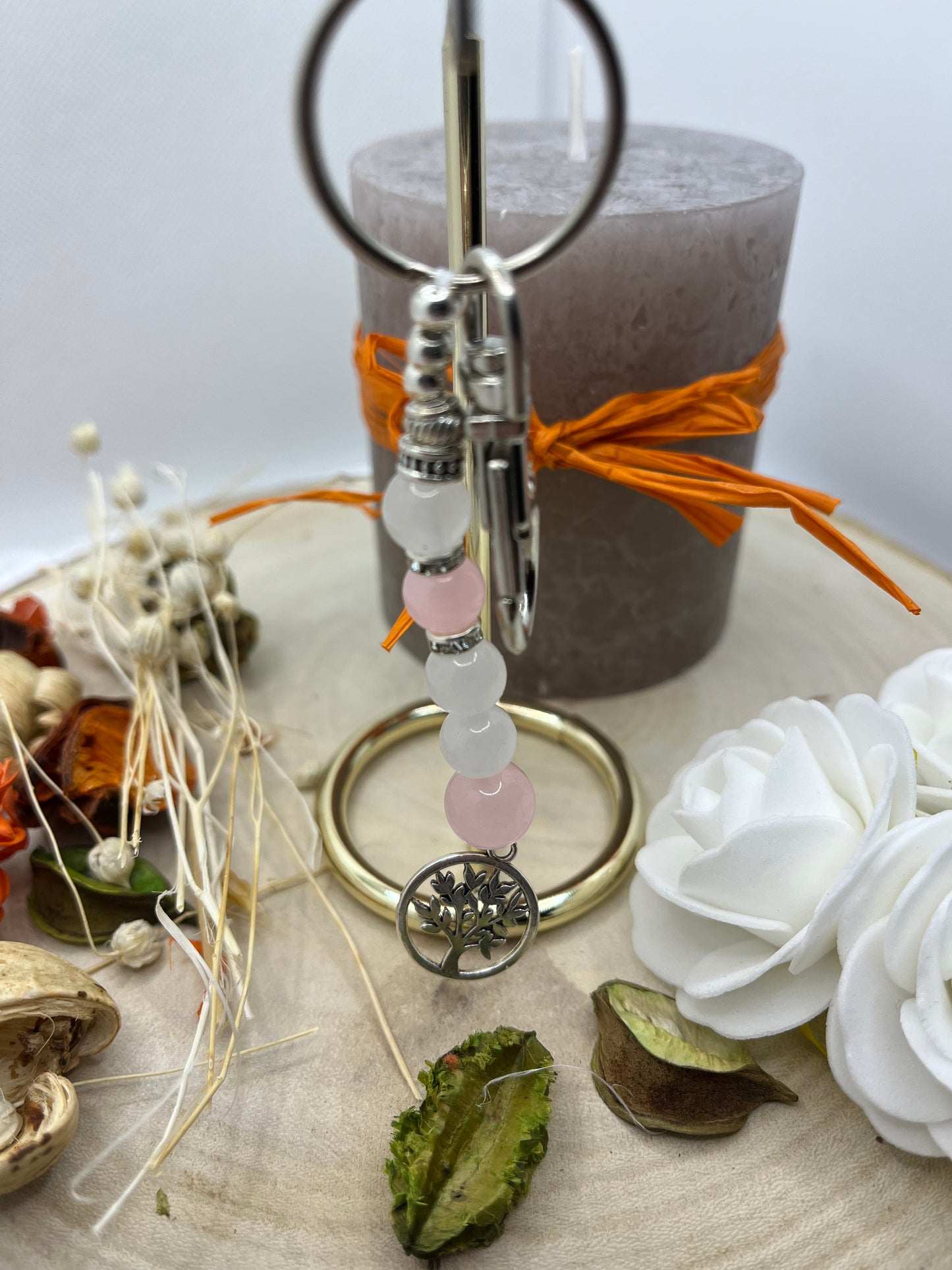Porte Clés - Quartz Rose et Pierre de Lune - Arbre de vie - Fait Main