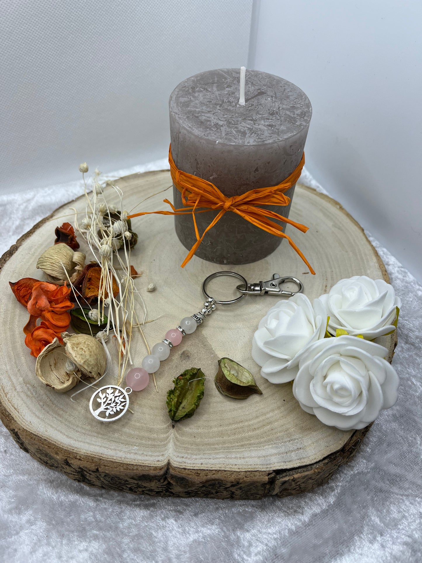 Porte Clés - Quartz Rose et Pierre de Lune - Arbre de vie - Fait Main