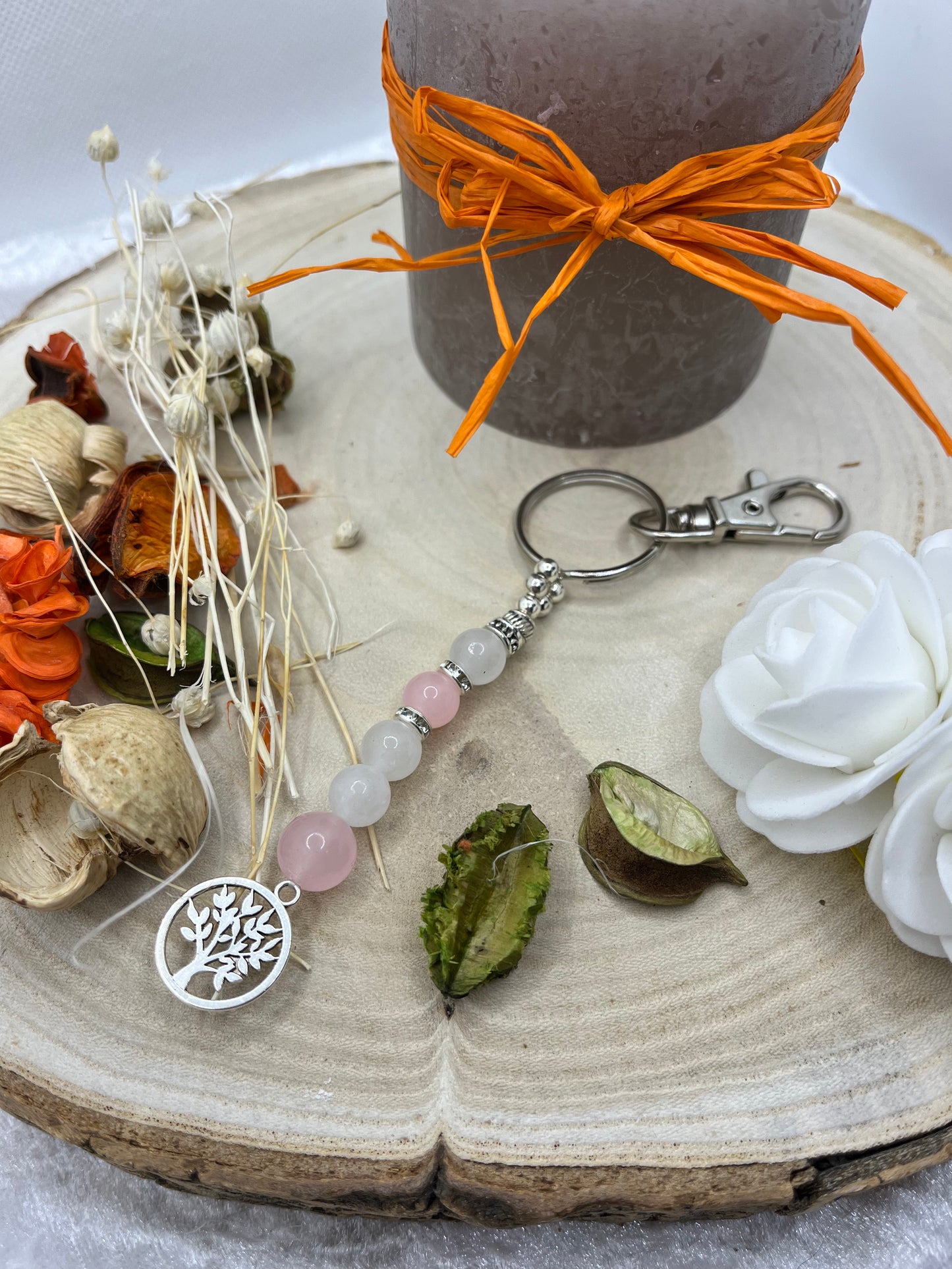 Porte Clés - Quartz Rose et Pierre de Lune - Arbre de vie - Fait Main