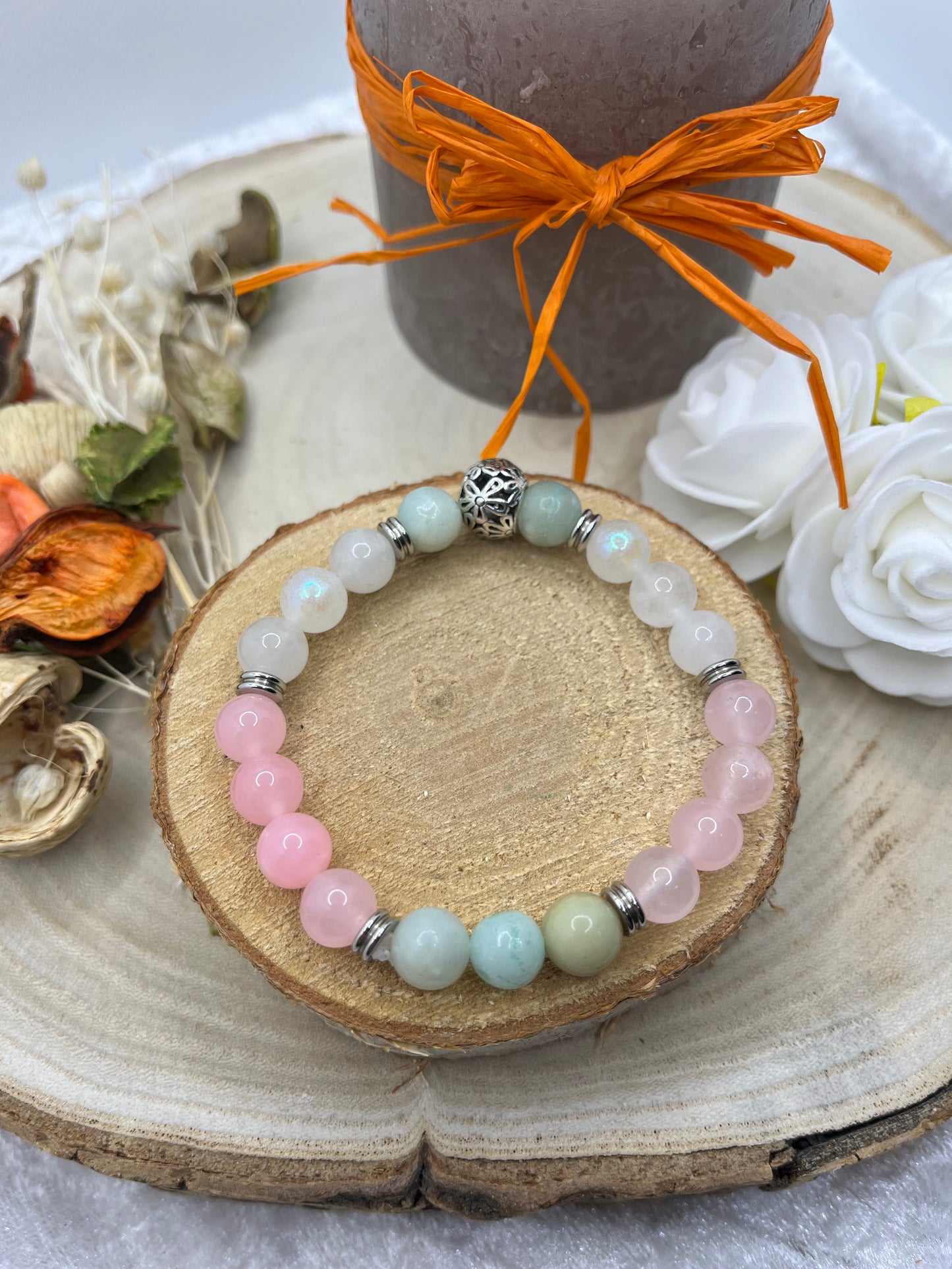 Bracelet Pierres Naturelles d'Amour et Tendresse - Amazonite, Quartz rose et Pierre de Lune - Fait Main