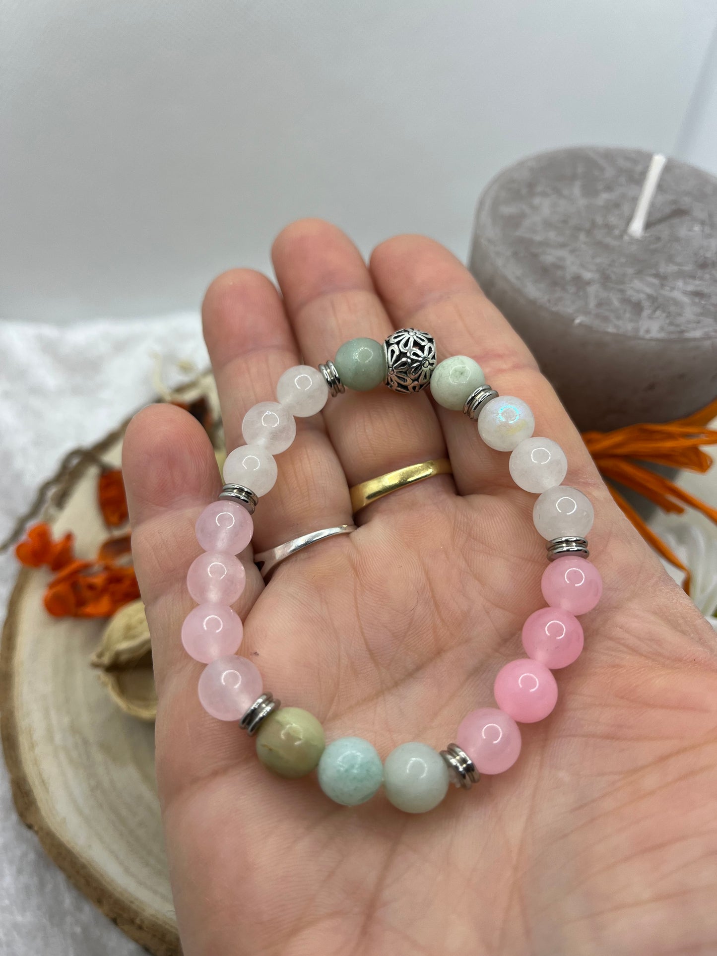 Bracelet Pierres Naturelles d'Amour et Tendresse - Amazonite, Quartz rose et Pierre de Lune - Fait Main