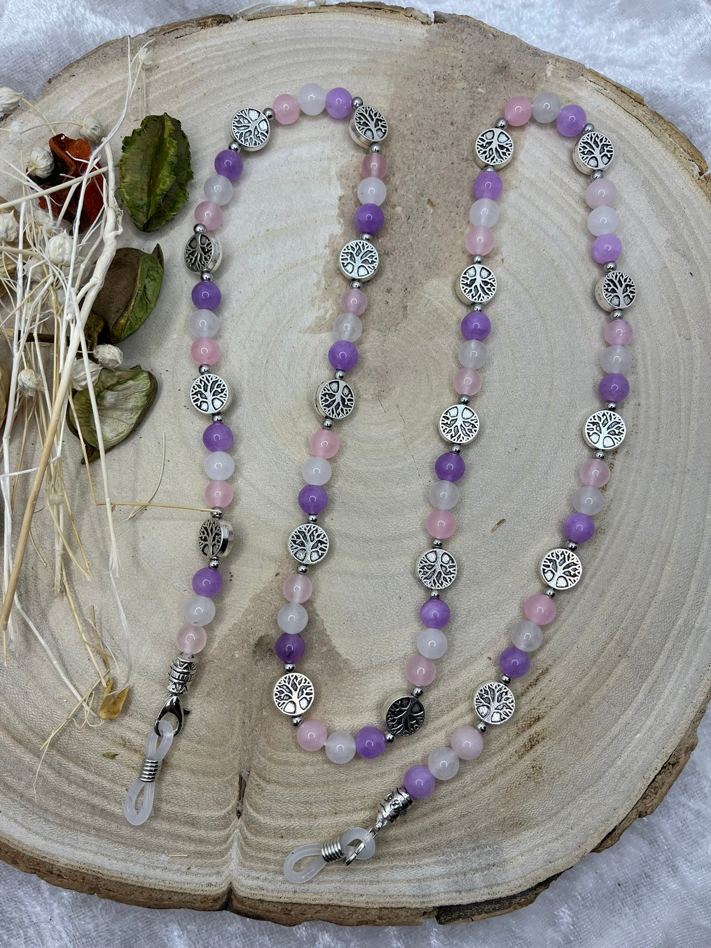 Cordon à Lunette en Perles de Pierres Naturelles - Pierre de Lune, Quartz Rose, Améthyste - Fait Main