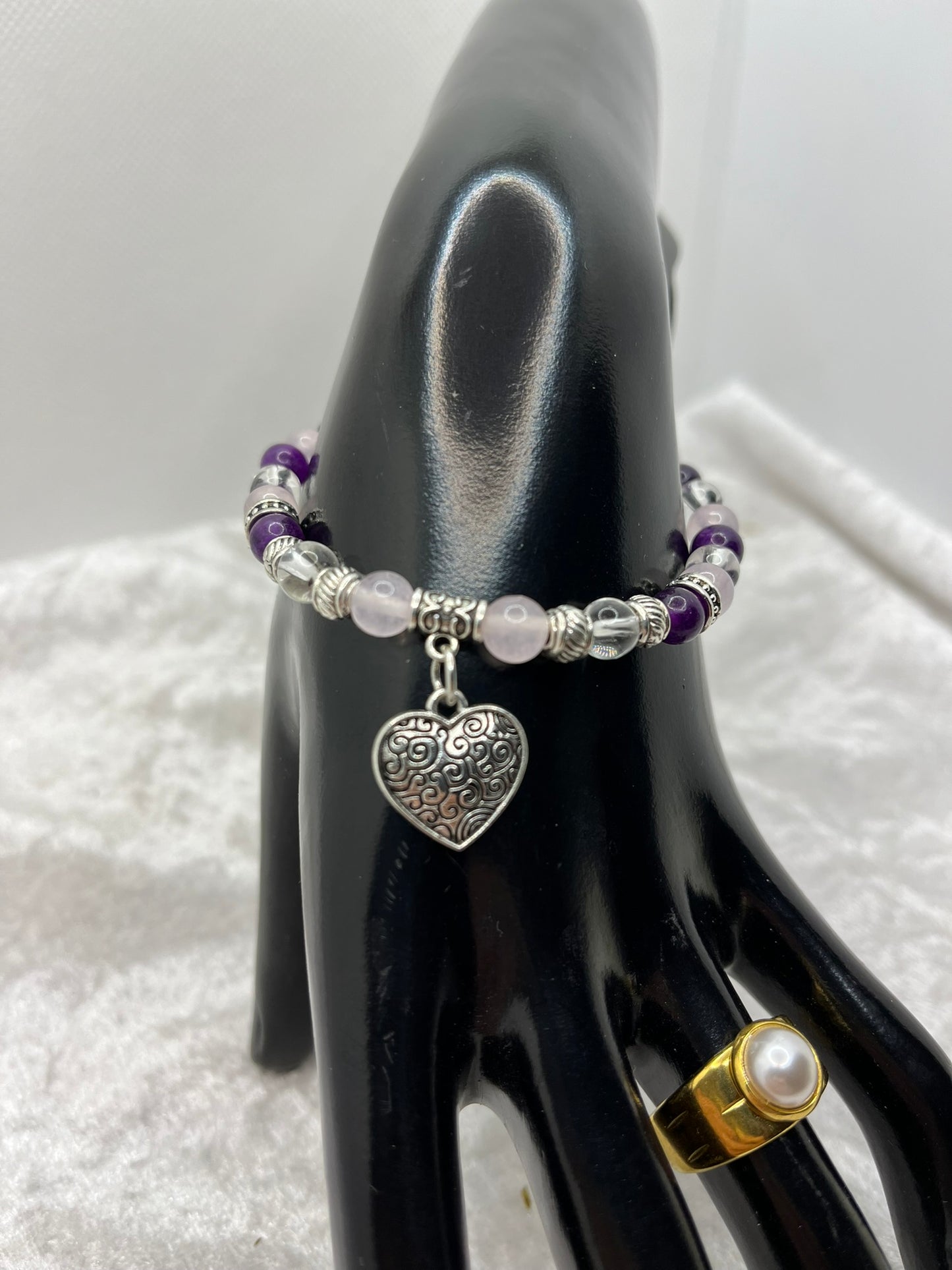 Ensemble Collier + Bracelet - Améthyste, Cristal de roche et Quartz Rose - Fait main