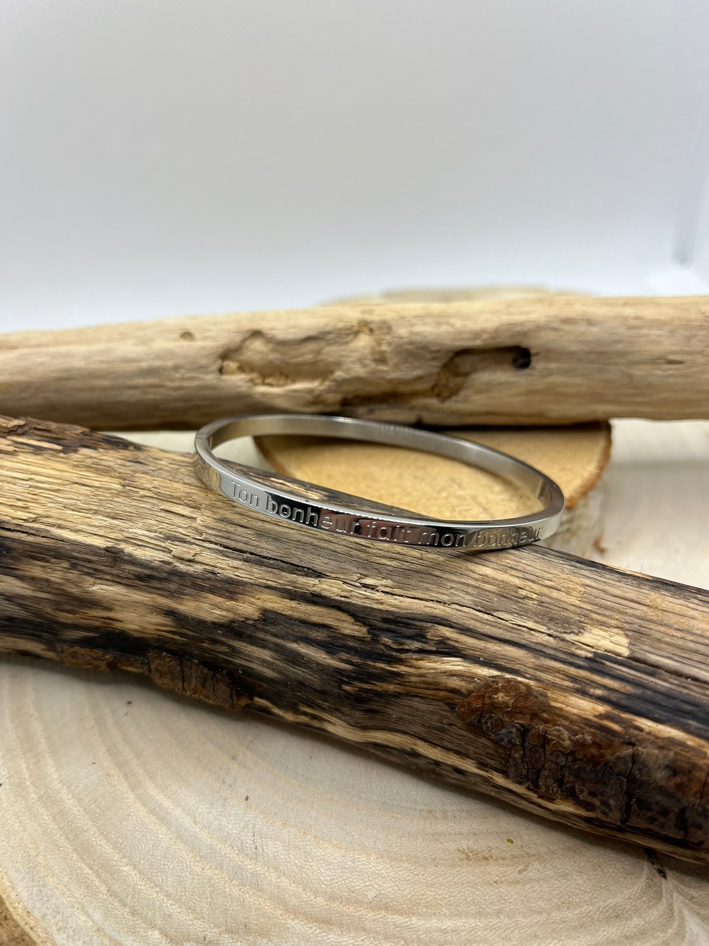 Bracelet Jonc à message ( Ton bonheur fait mon bonheur ) - Acier inoxydable en argenté