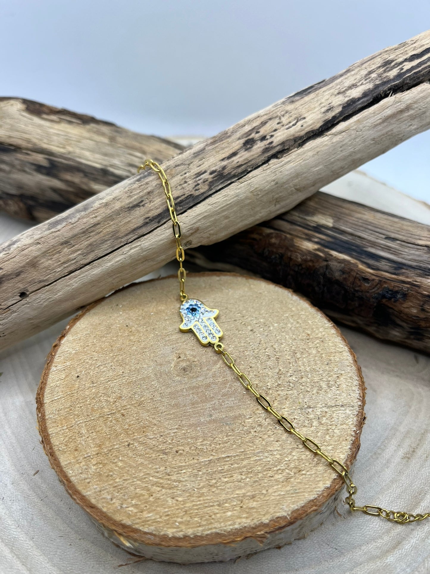 Bracelet Chaine Maillon fine avec Main et ornée de strass - Acier inoxydable - Doré