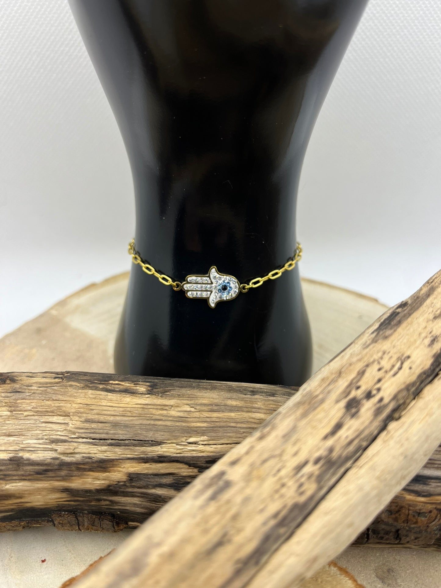 Bracelet Chaine Maillon fine avec Main et ornée de strass - Acier inoxydable - Doré