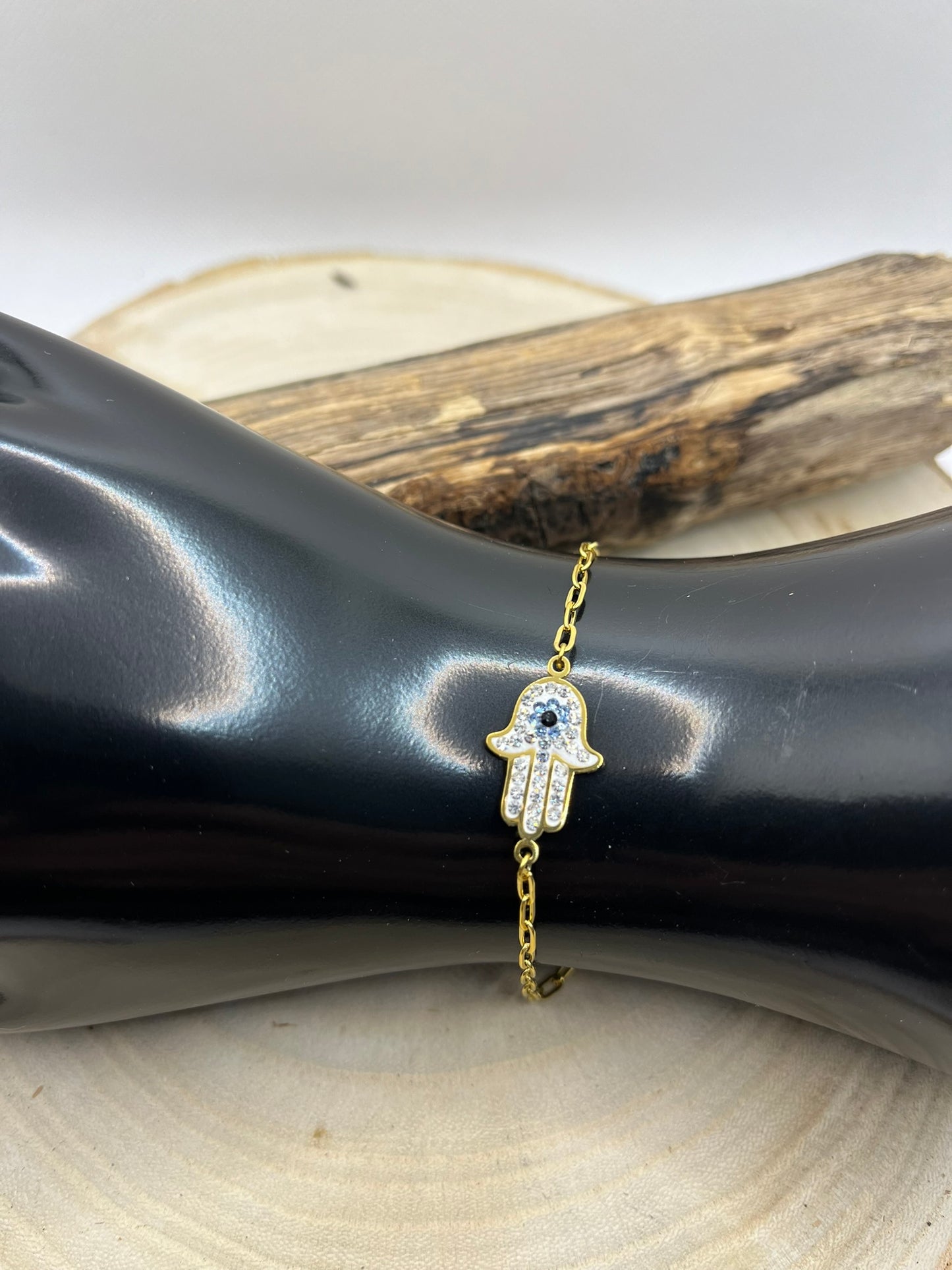 Bracelet Chaine Maillon fine avec Main et ornée de strass - Acier inoxydable - Doré