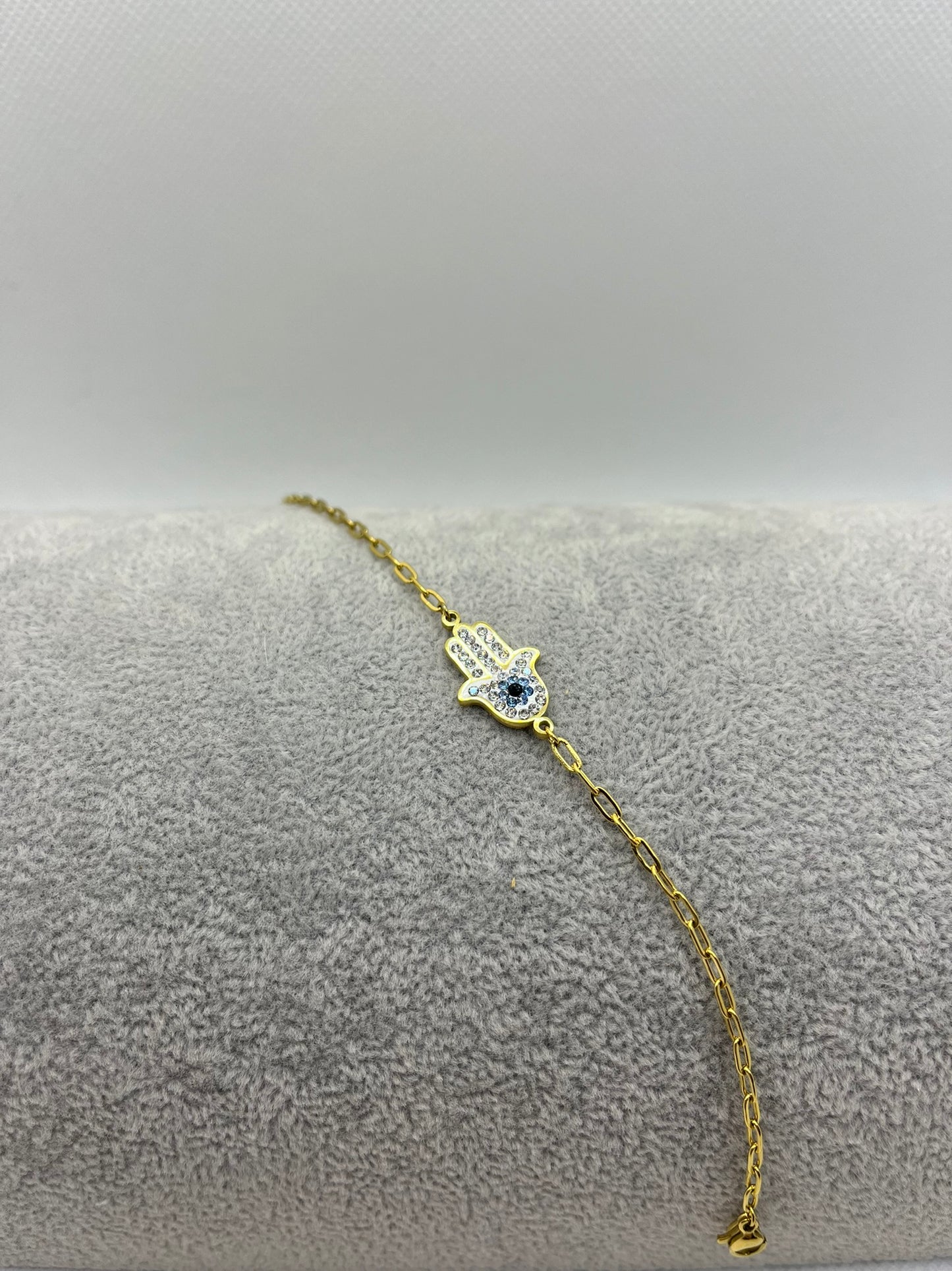 Bracelet Chaine Maillon fine avec Main et ornée de strass - Acier inoxydable - Doré