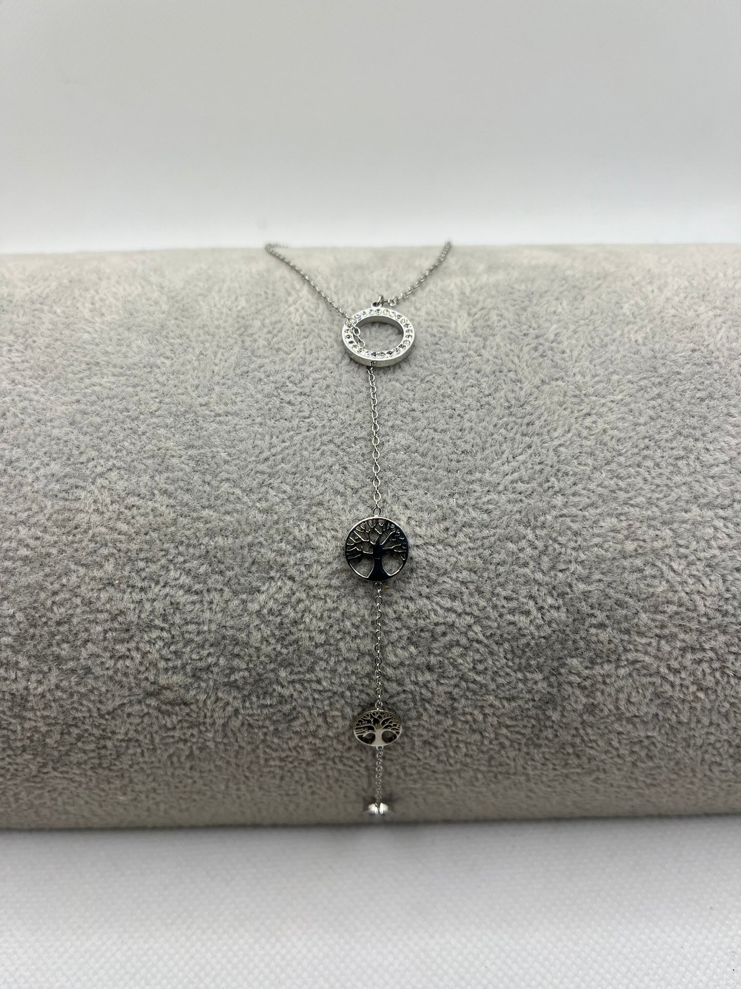 Collier Femme Chaine fine avec Pendentif Anneau ornés de strass brillant et 3 Arbres de Vie - Acier Inoxydable Argenté