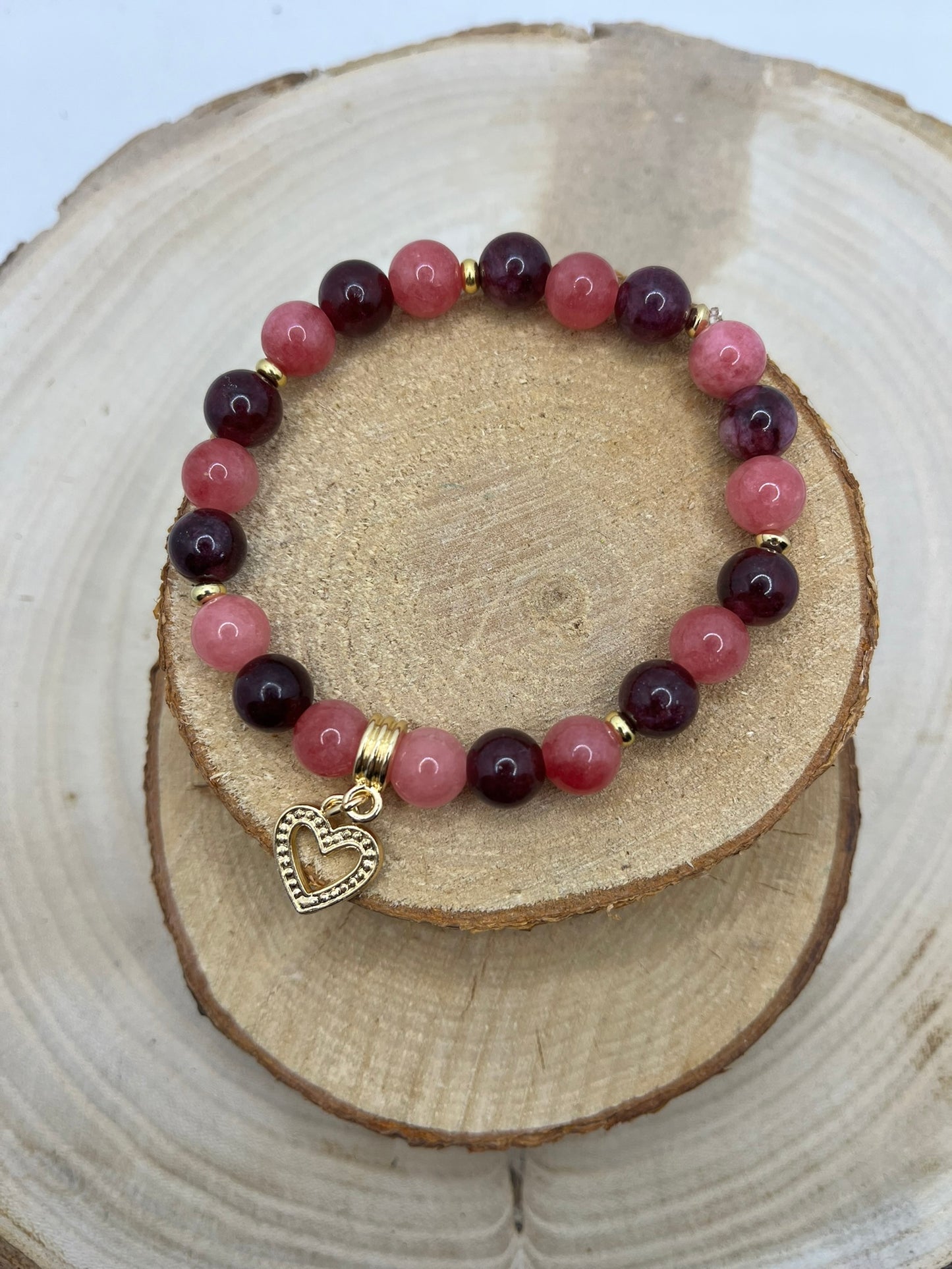 Bracelet Femme pierre naturelle - Rhodochrosite et Grenat Onés d'un pendentif coeur - Fait Main