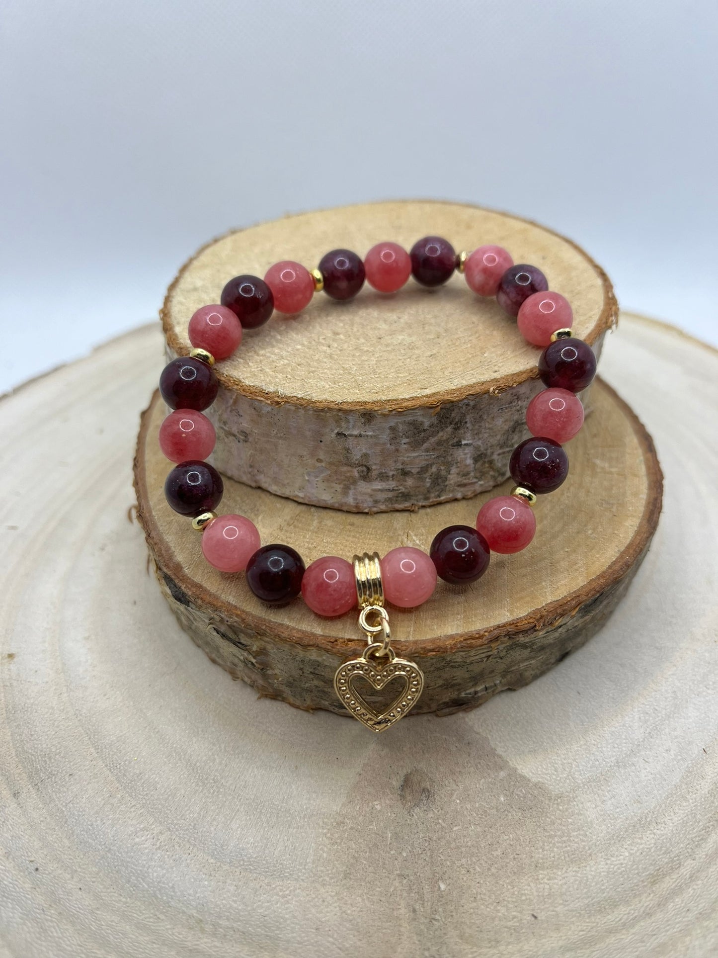 Bracelet Femme pierre naturelle - Rhodochrosite et Grenat Onés d'un pendentif coeur - Fait Main