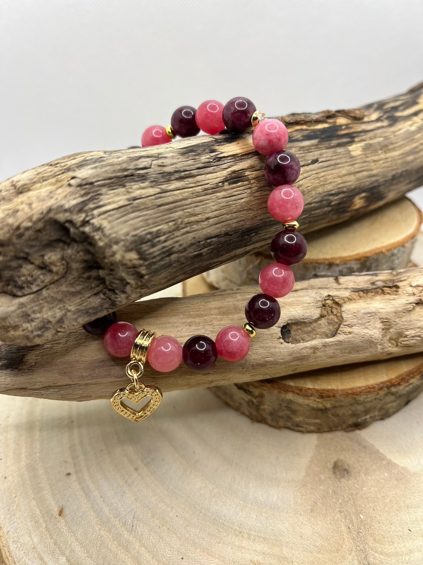 Bracelet Femme pierre naturelle - Rhodochrosite et Grenat Onés d'un pendentif coeur - Fait Main
