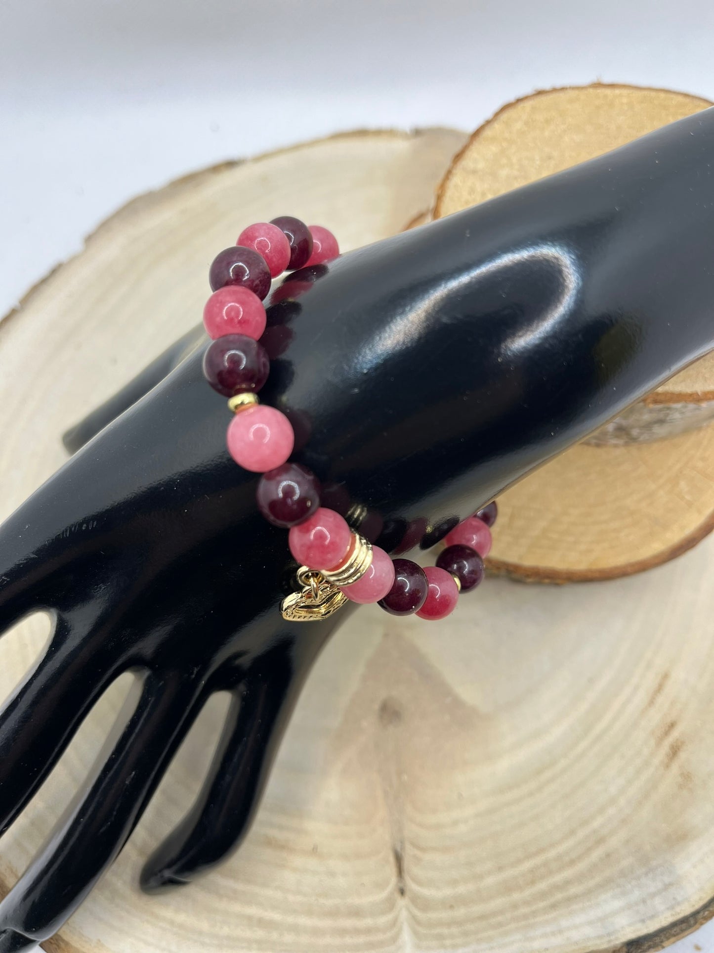 Bracelet Femme pierre naturelle - Rhodochrosite et Grenat Onés d'un pendentif coeur - Fait Main