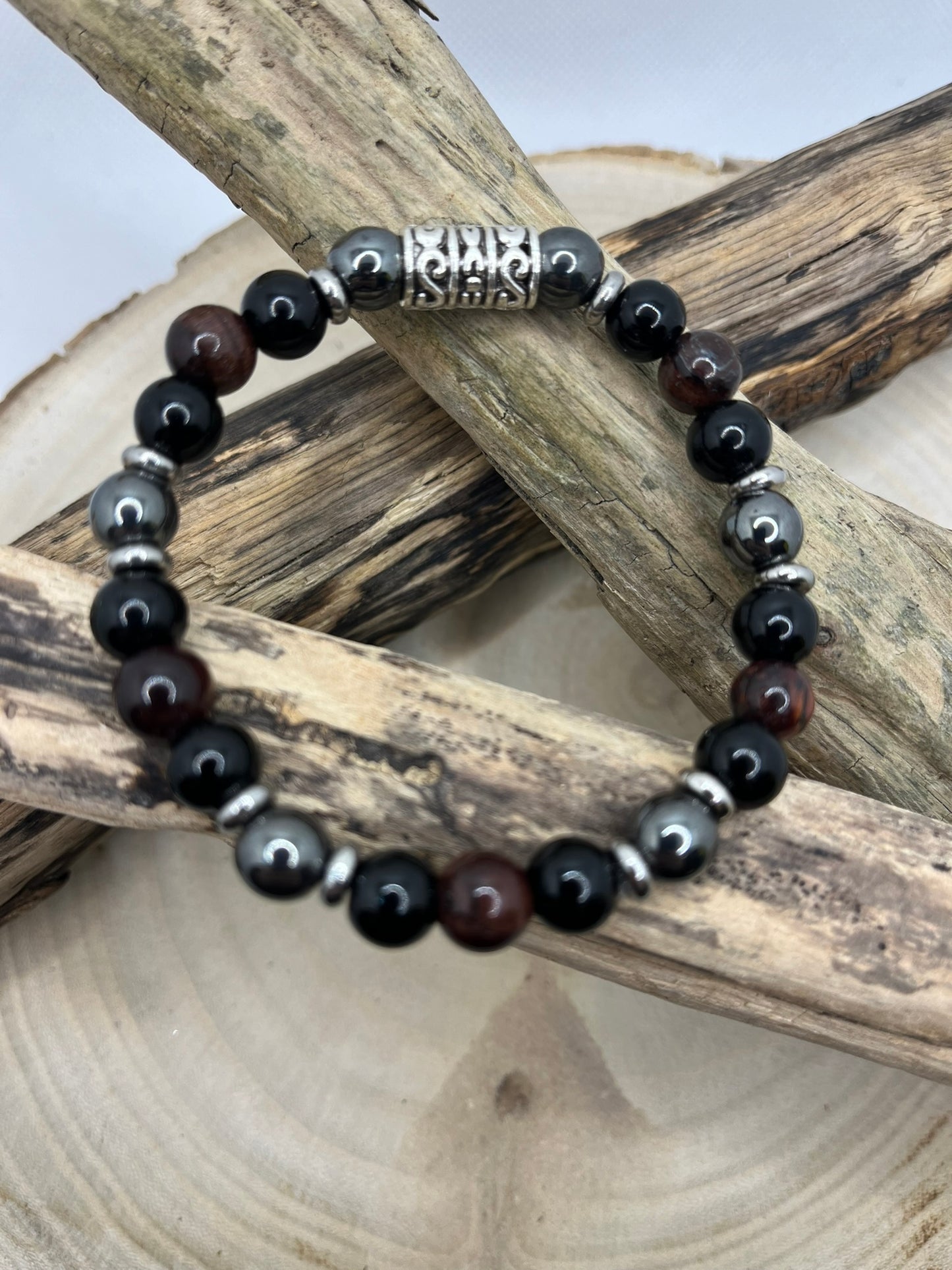 Bracelet Homme - Oeil de Taureau, Hématite et Onyx - Fait Main