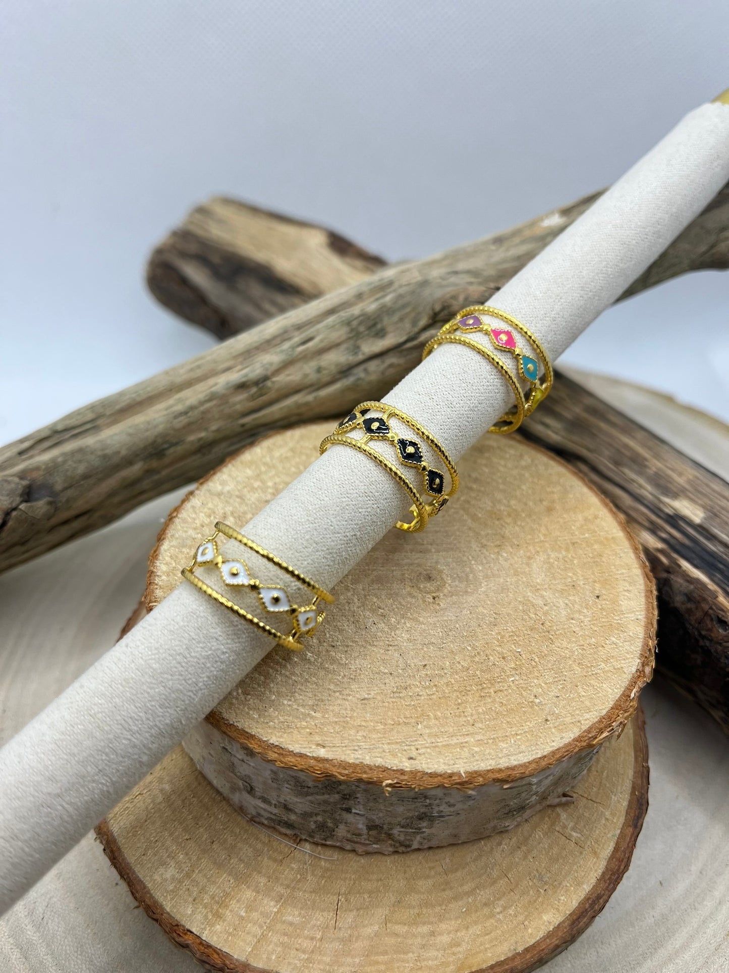 Bague règlable en acier inoxydable doré -idée cadeau - existe en 3 Couleurs blanc, noir et multicouleur