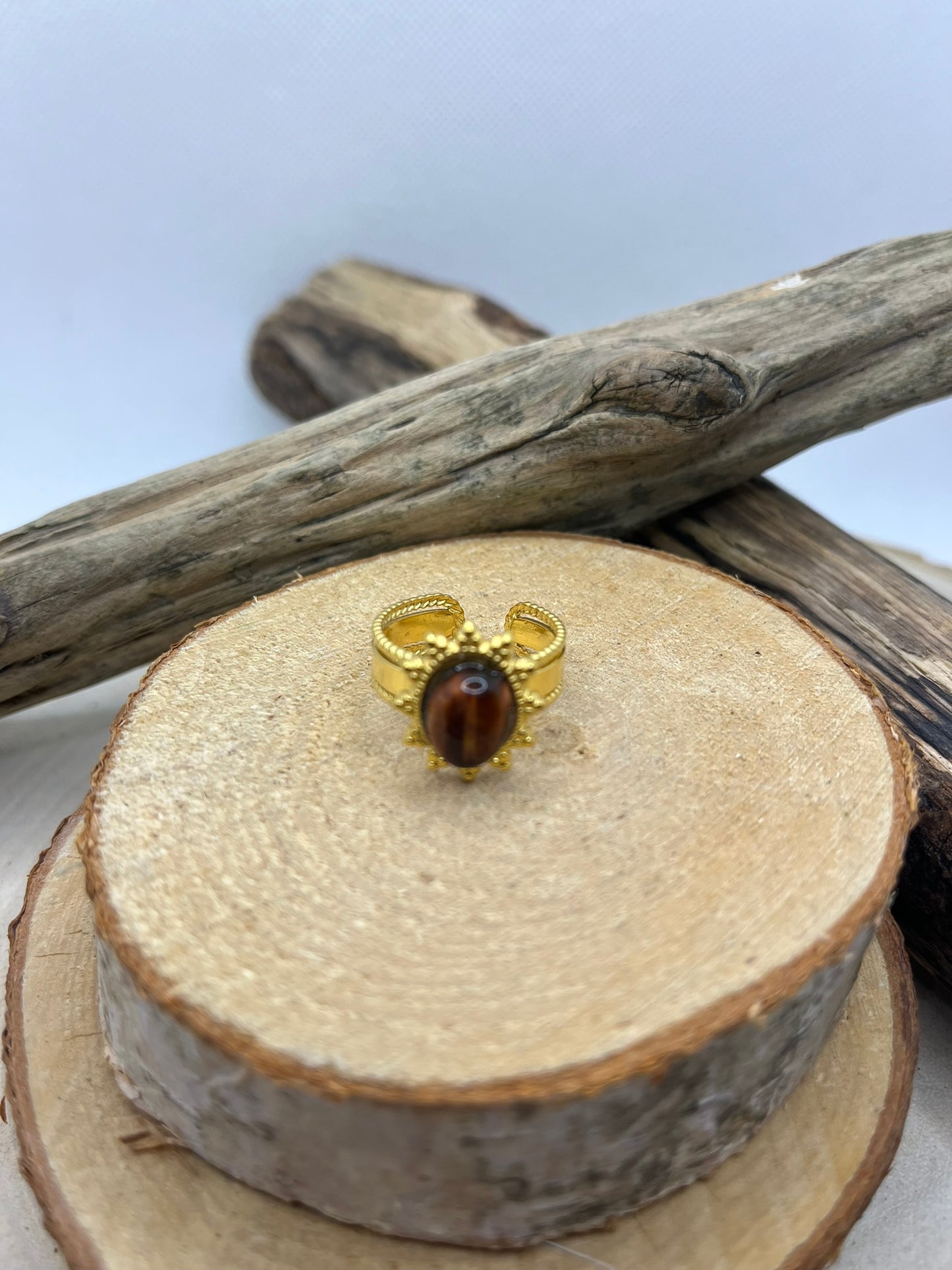 Bague Ajustable Chic Orné d'une Pierre Oeil de Tigre - Acier inoxydable doré