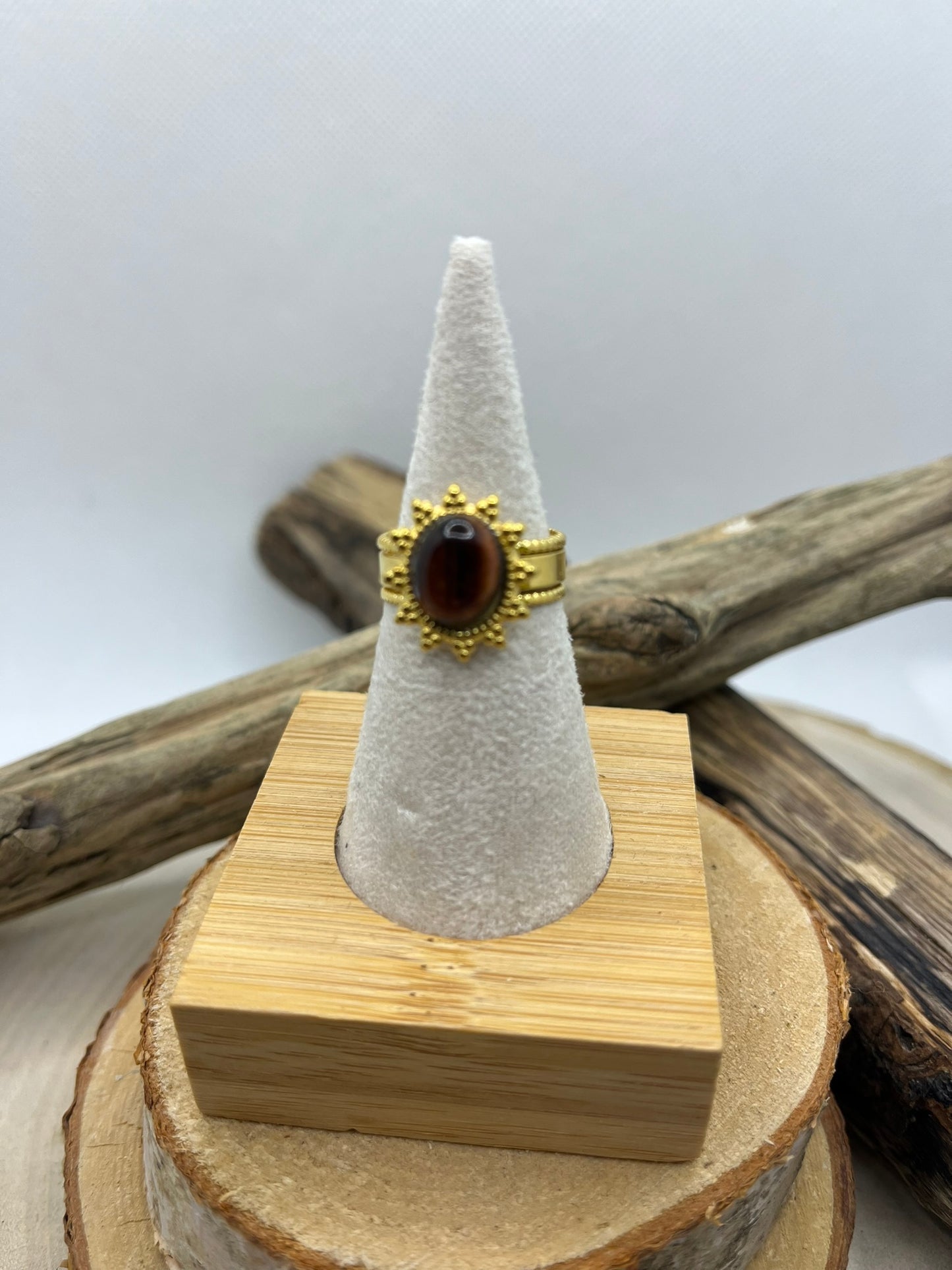 Bague Ajustable Chic Orné d'une Pierre Oeil de Tigre - Acier inoxydable doré