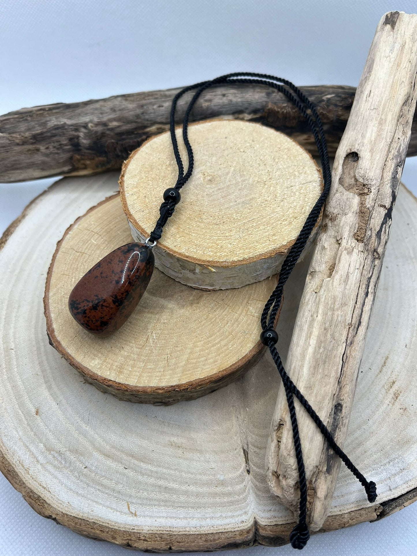 Collier sur Cordon noir réglable - Avec Pendentif en Pierre Naturelle Oeil de Taureau