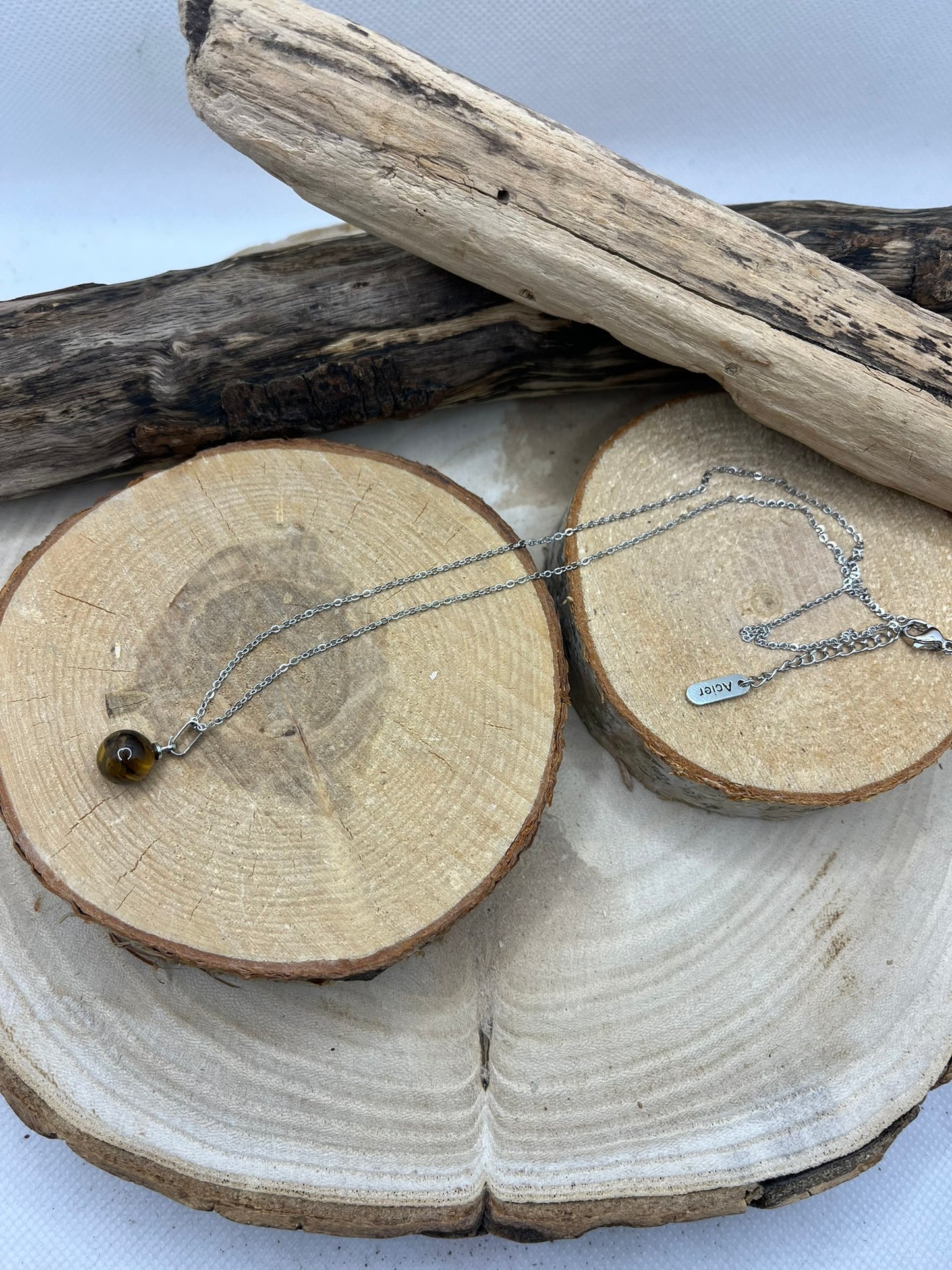 Collier Chaine fine Argenté - Pendentif Perles en Pierre Naturelle Oeil de Tigre