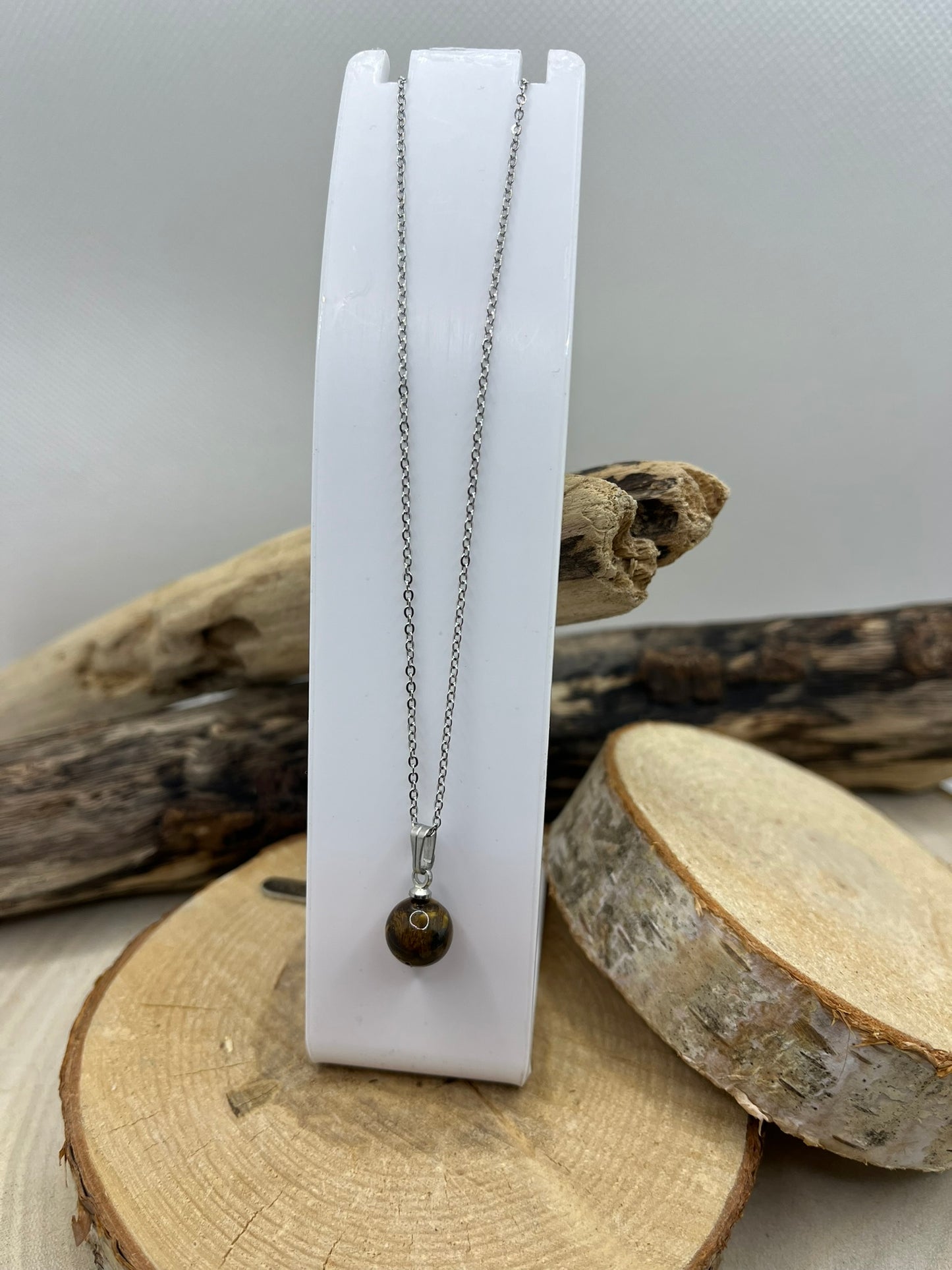 Collier Chaine fine Argenté - Pendentif Perles en Pierre Naturelle Oeil de Tigre