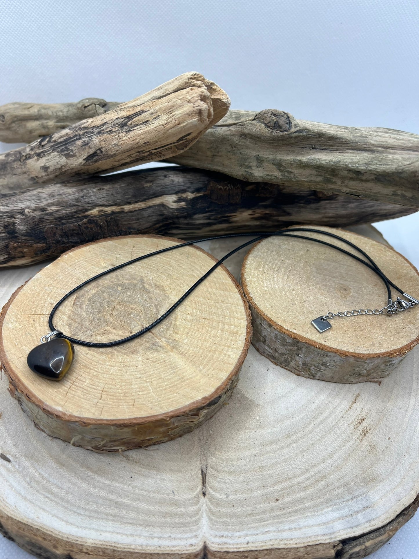 Collier sur Cordon - Pendentif Coeur en Pierre Naturelle Oeil de Tigre