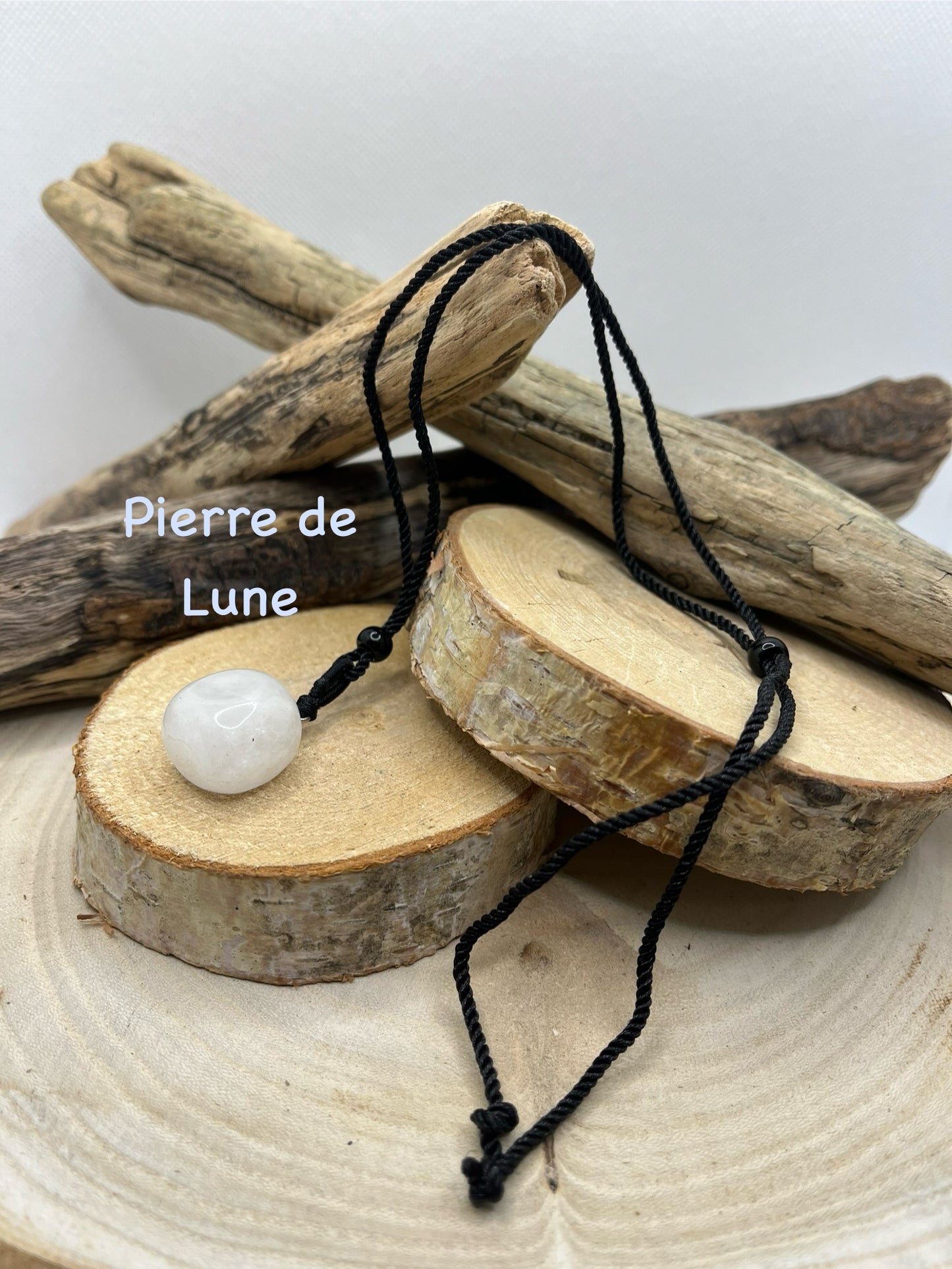 Collier sur Cordon noir réglable - Pendentif en Pierre Naturelle Pierre de Lune