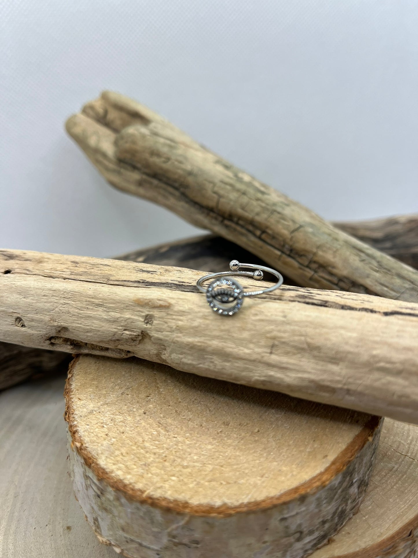 Bague fine en Acier Inoxydable ajustable Oeil ornés de strass brillant - Argenté