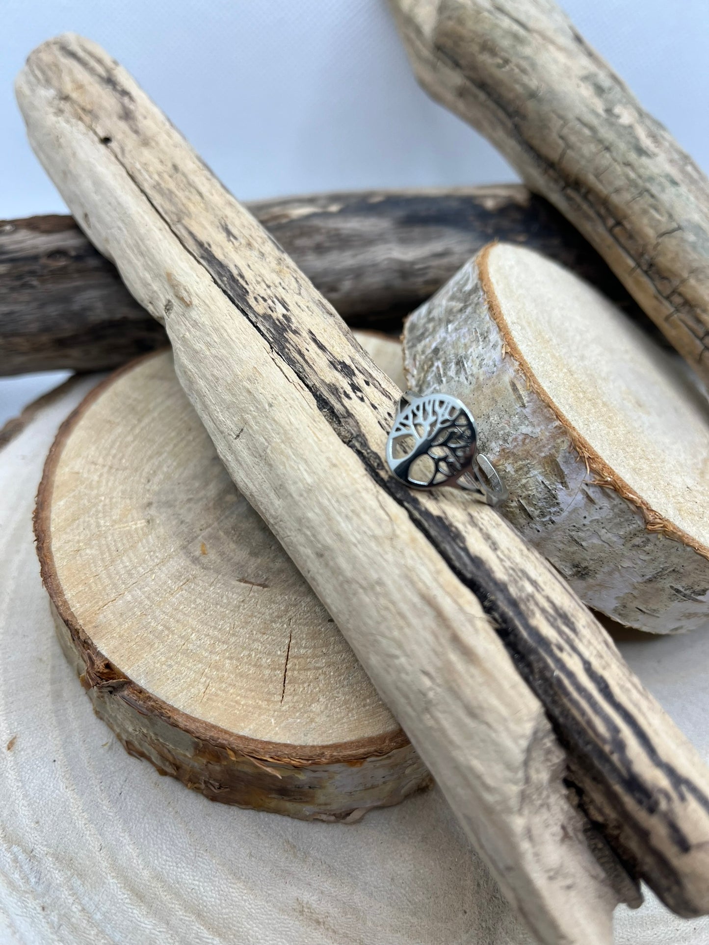 Bague fine en Acier inoxydable ajustable Orné d'un Arbre de Vie stylé - Argenté