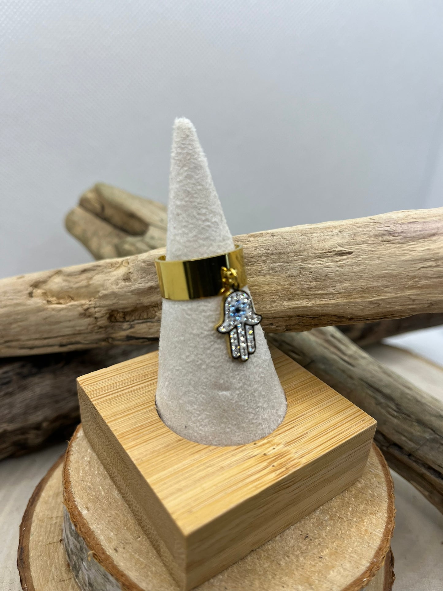 Bague en Acier inoxydable ajustable mode pendentif main orné de strass brillant - Doré