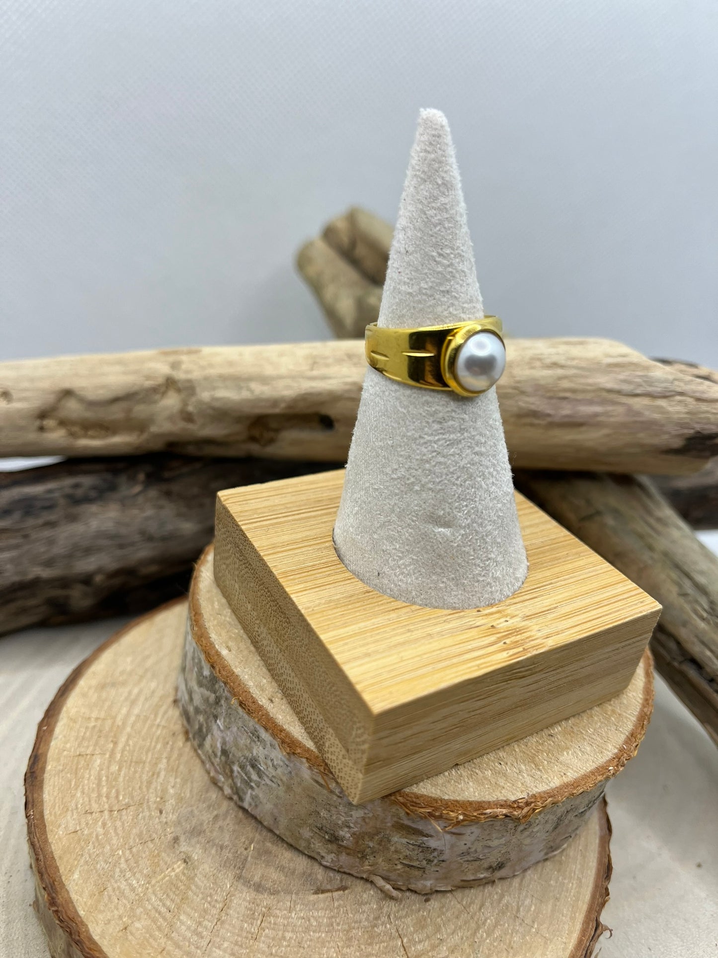 Bague en Acier Inoxydable ajustable Mode Perle nacré blanche - Doré