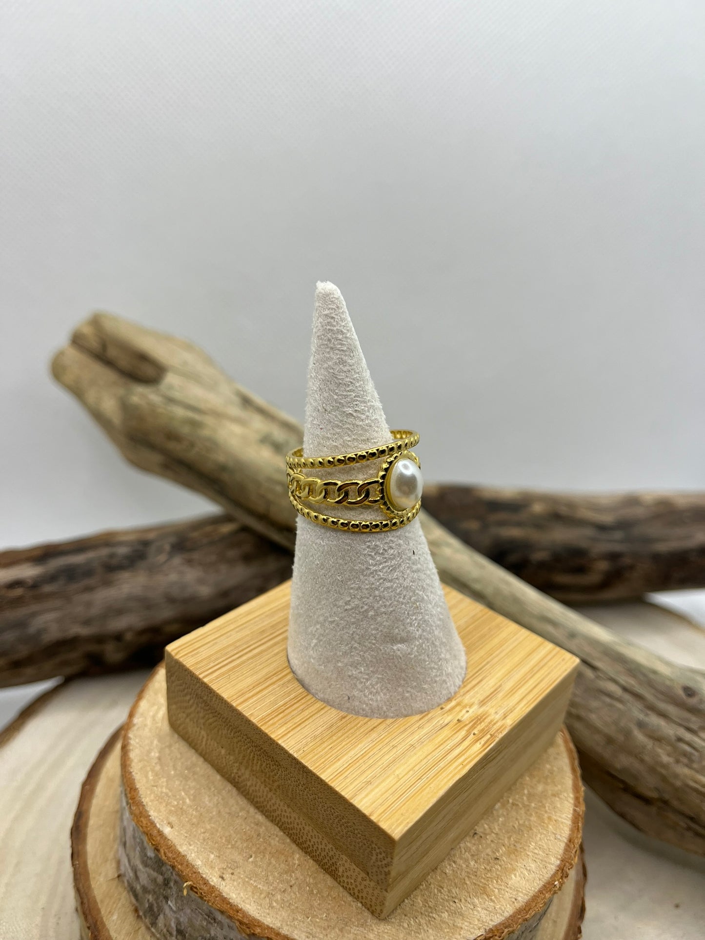 Bague Large en Acier Inoxydable ajustable Mode Orné d'une perle nacre blanche - Doré