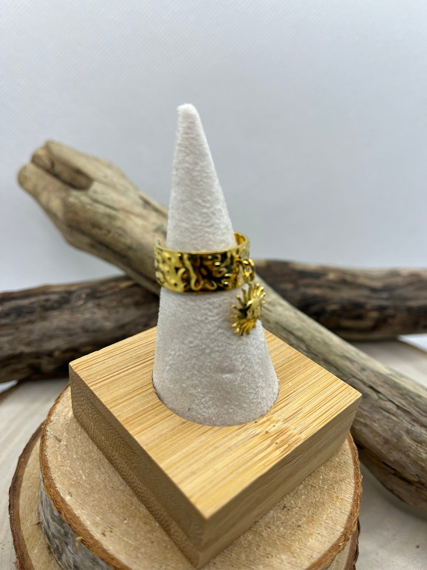 Bague en Acier inoxydable ajustable mode Pendentif Soleil - Doré