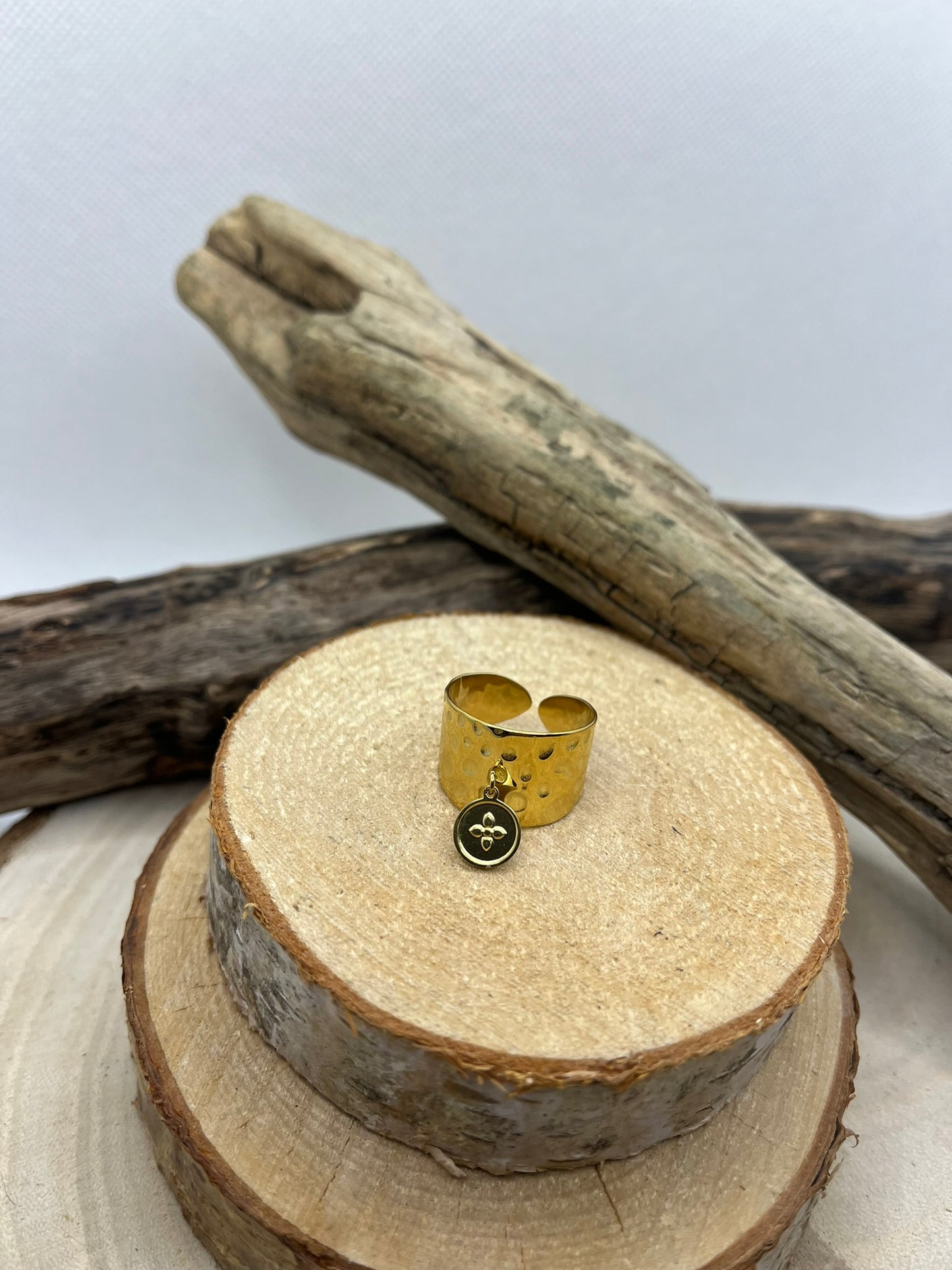 Bague Large mode en Acier inoxydable ajustable avec pendentif - Doré ou en Argenté