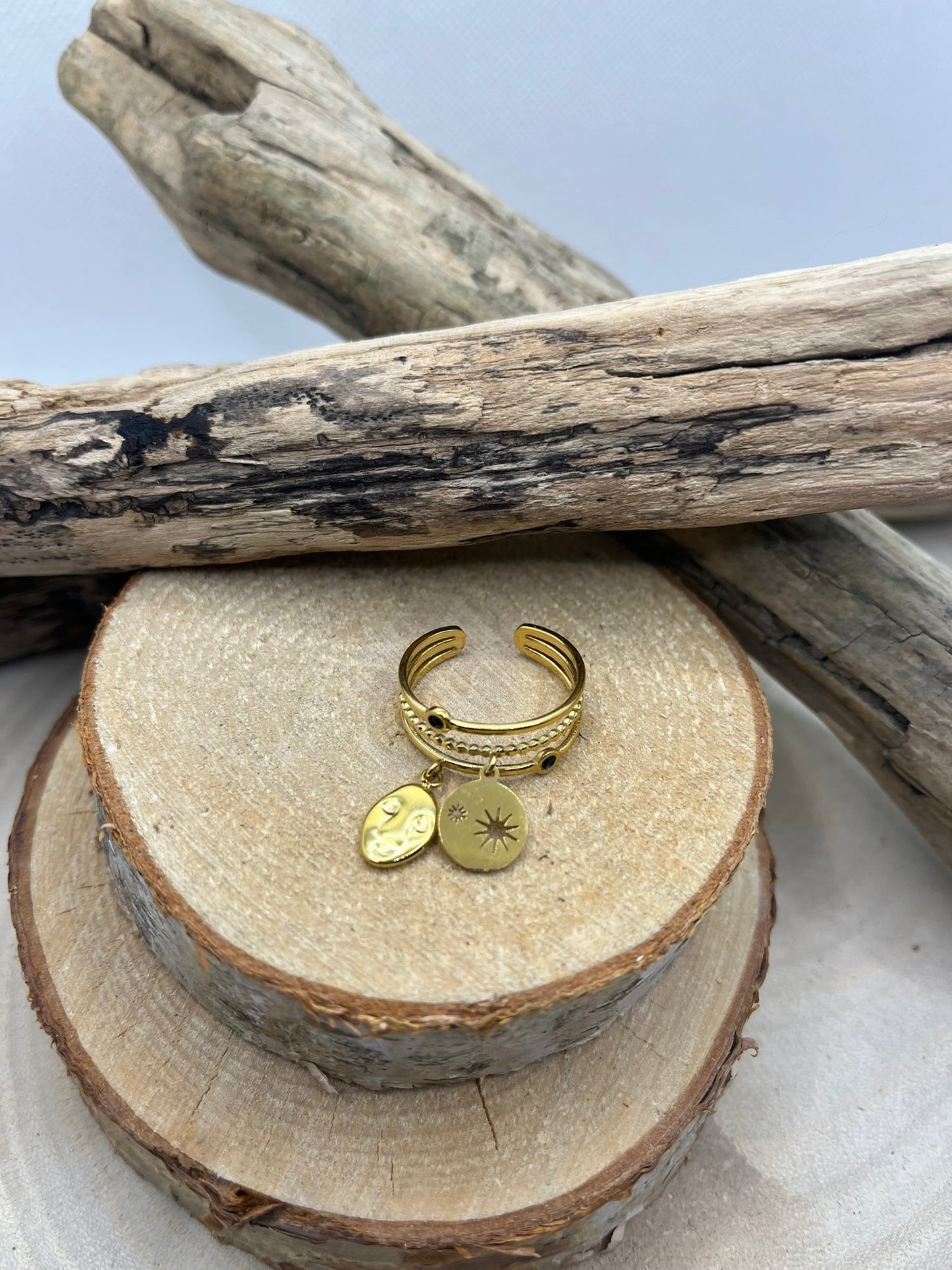 Bague élégante en Acier inoxydable ajustable mode avec 2 pendentifs chic - Doré