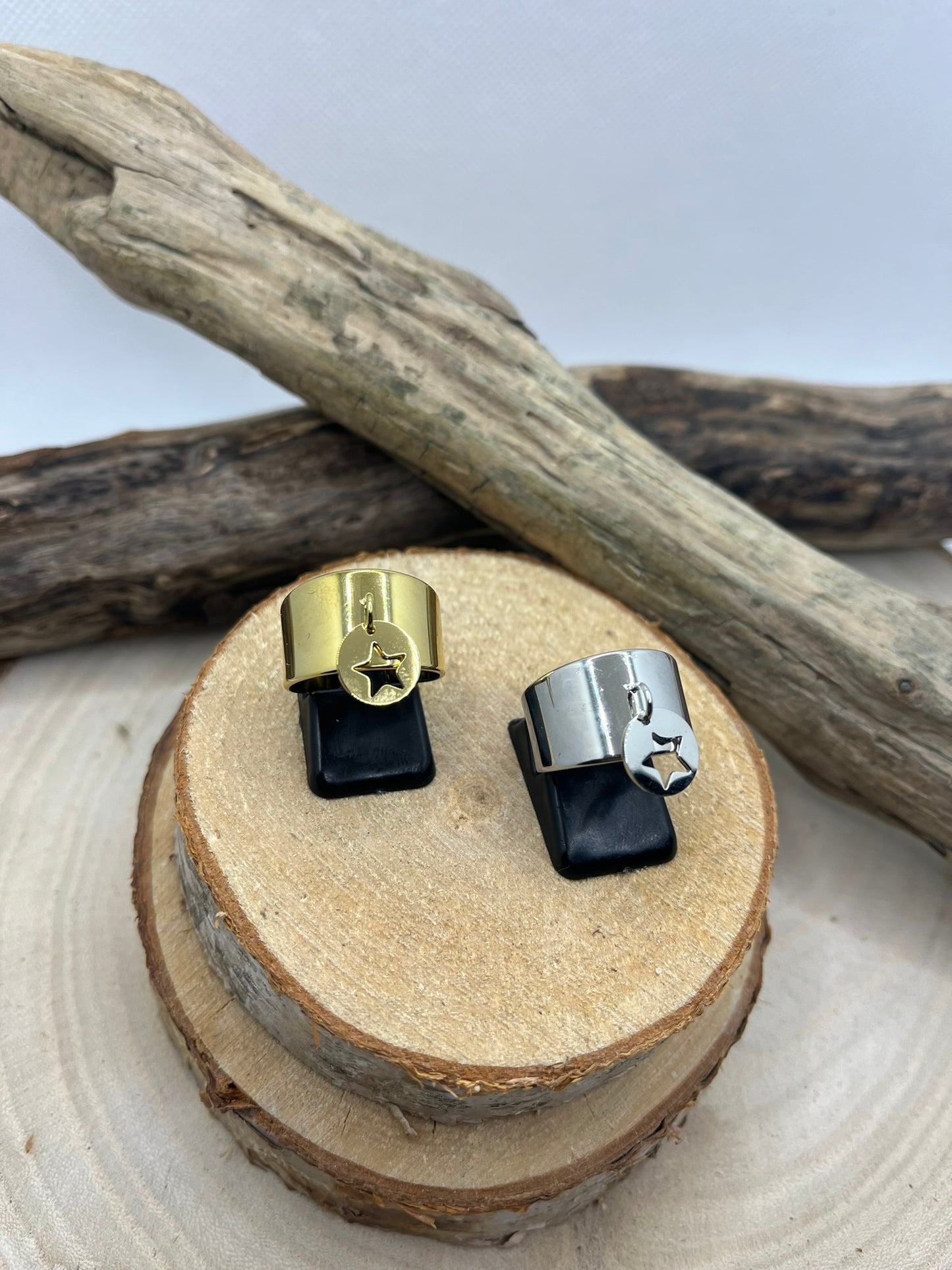 Bague Large en Acier inoxydable ajustable Mode Pendentif anneau orné d'une étoile - Doré ou Argenté