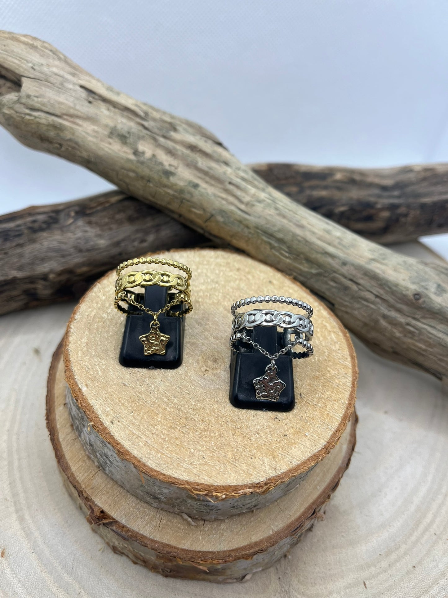 Bague en Acier inoxydable ajustable pendentif chaine orné d'une étoile - Doré ou en argenté
